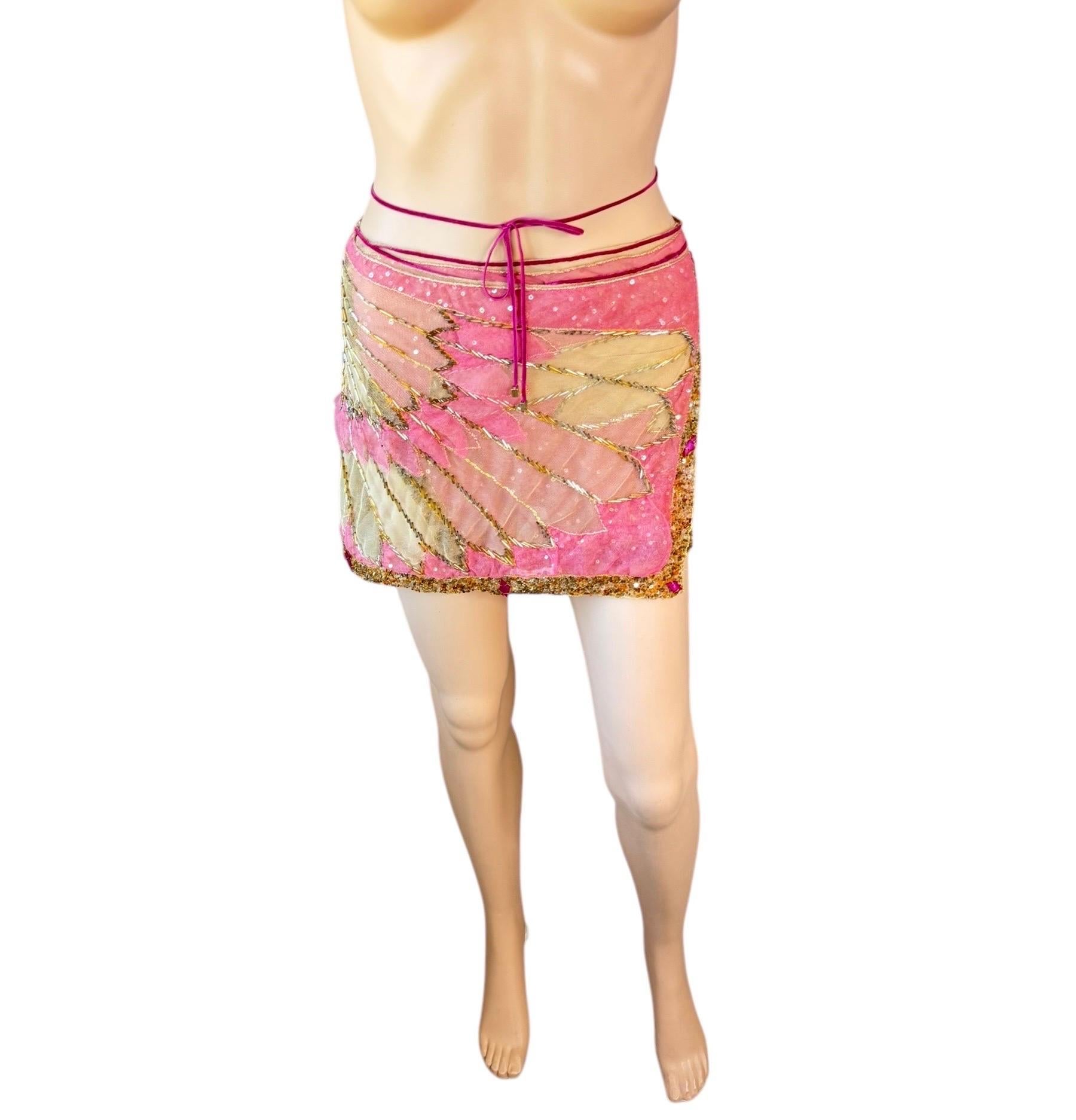 Roberto Cavalli - P/E 2000 - Minigonna sarong in tulle trasparente impreziosita da un involucro in rete in vendita 5