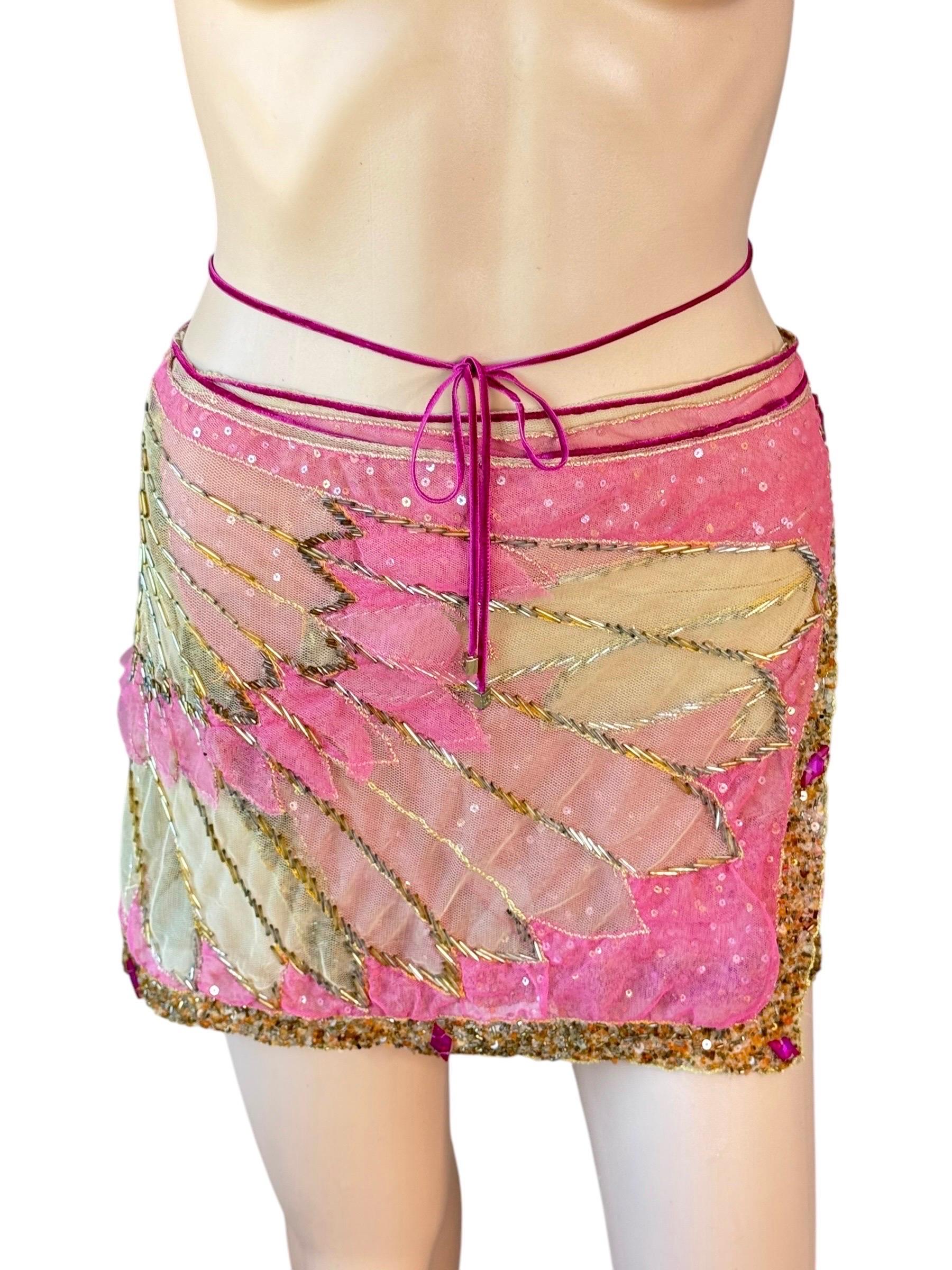 Beige Roberto Cavalli - P/E 2000 - Minigonna sarong in tulle trasparente impreziosita da un involucro in rete in vendita