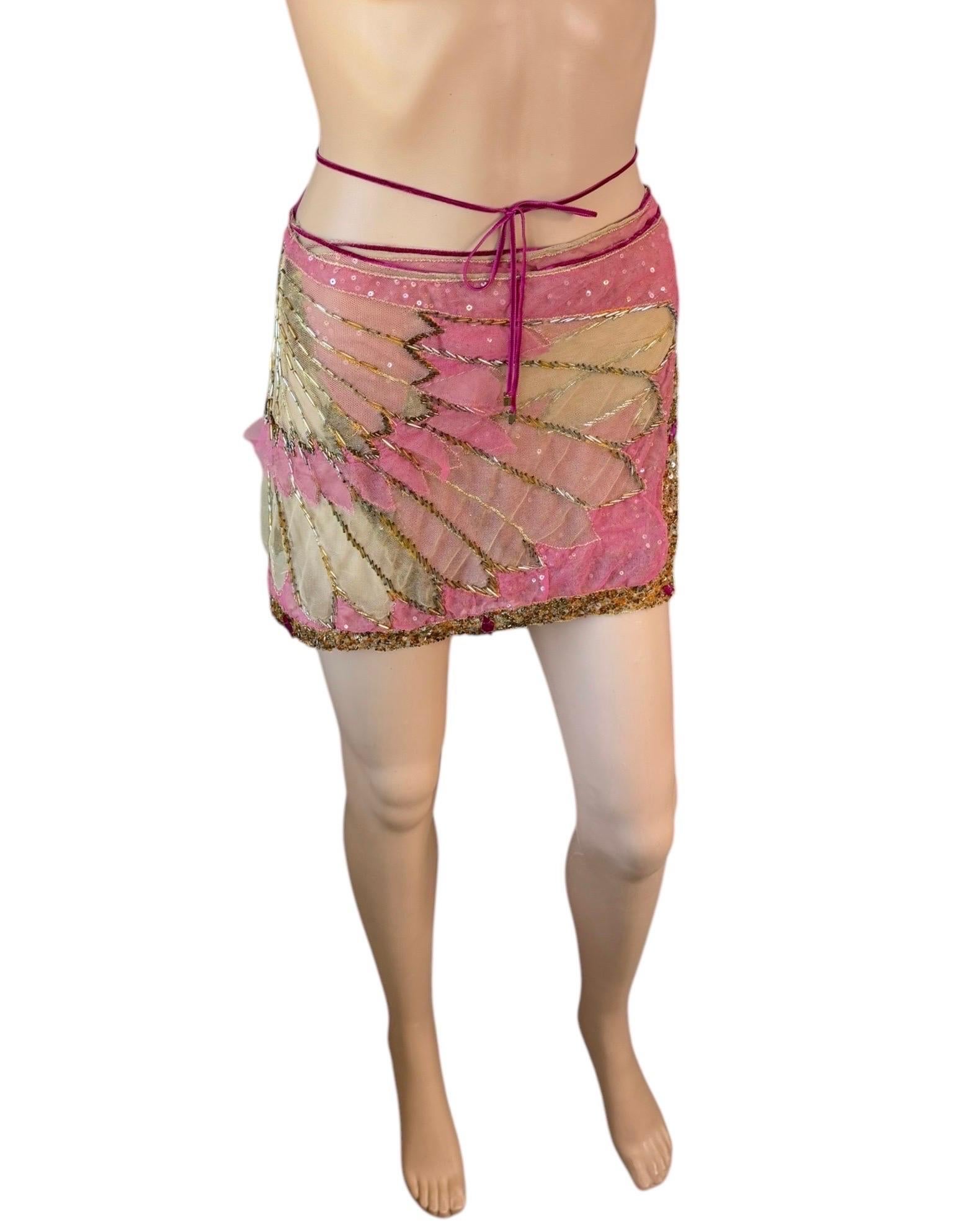 Roberto Cavalli - P/E 2000 - Minigonna sarong in tulle trasparente impreziosita da un involucro in rete in vendita 3