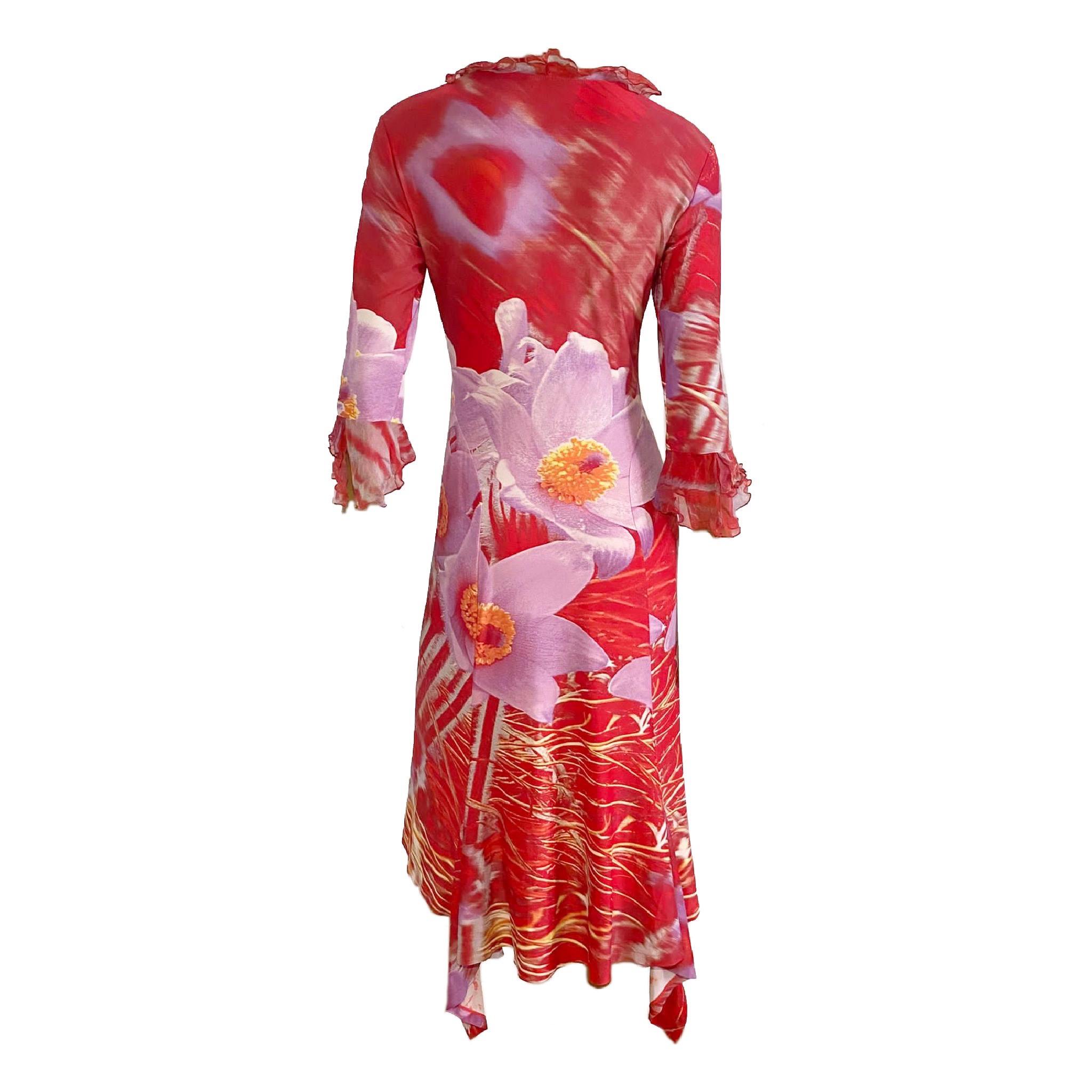 Roberto Cavalli Low-cut red midi dress with pink and yellow floral print from Spring/Summer 2000 collection. Three-quarter ruched organza sleeves with asymmetric flare cut.

Size M, can fit bigger sizes too as fabric is very stretchable.

Shoulder
