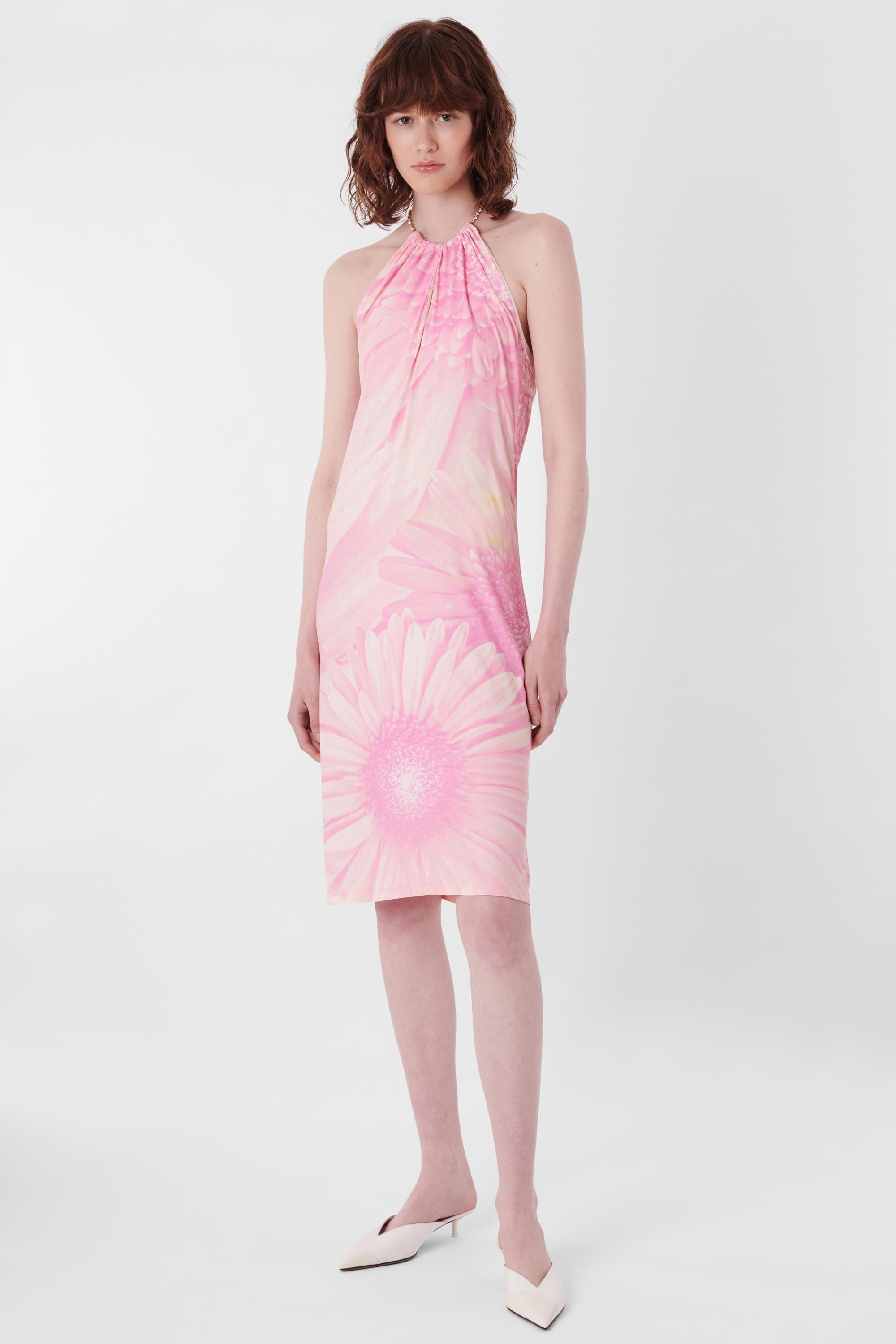 Roberto Cavalli S/S 2000's halter neck pink flower print dress. Features crystal diamante neck fastening, Key hole neckline, slim fit and knee length. In excellent vintage condition.

Label Size: Small
Modern size: UK: 8 to 10, US: 2 to 4, EU: 36 to