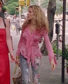 Roberto Cavalli S/S 2000 Pink Floral Sequin Dark Blue Jeans