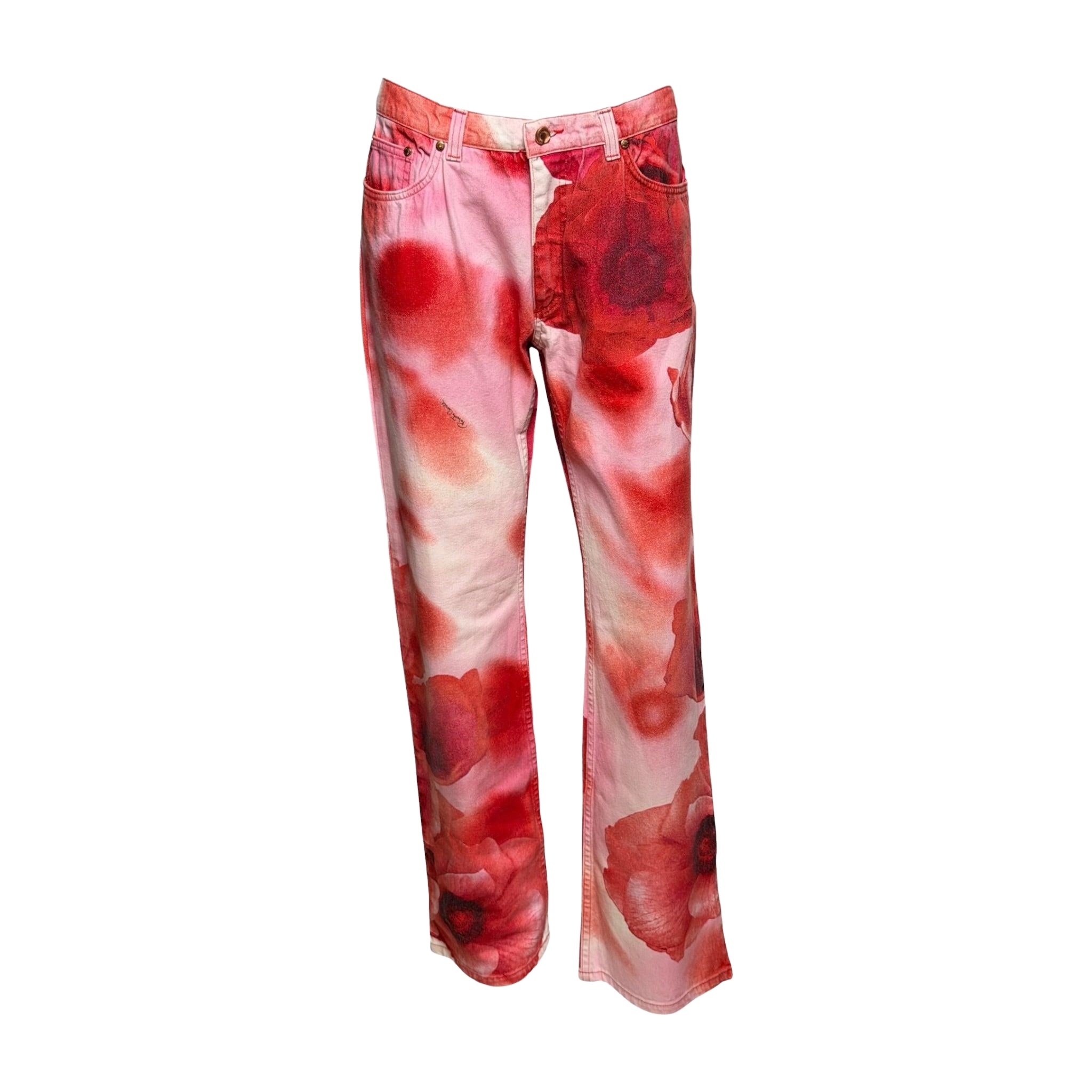 Roberto Cavalli S/S 2000 Red Floral-Print Straight-Leg Jeans