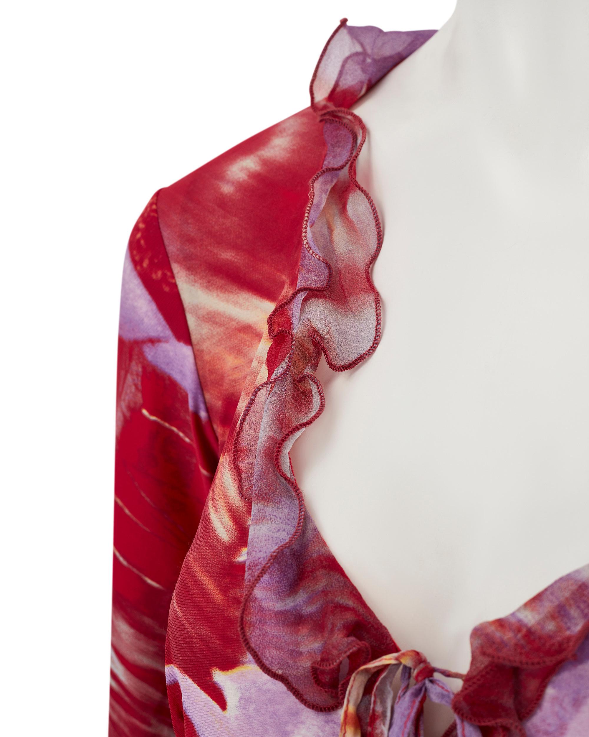 Roberto Cavalli S/S 2000 - Robe à fleurs rouges et violettes en vente 1