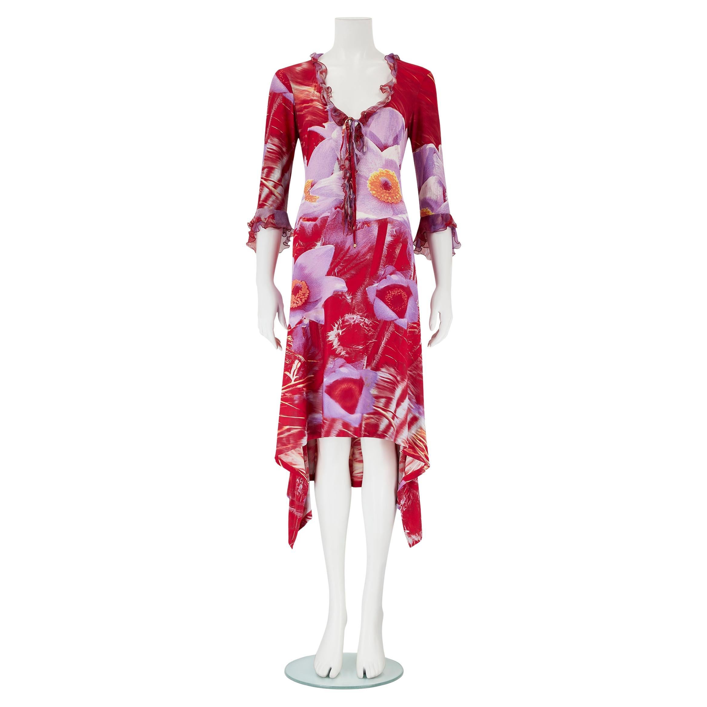 Roberto Cavalli S/S 2000 - Robe à fleurs rouges et violettes en vente