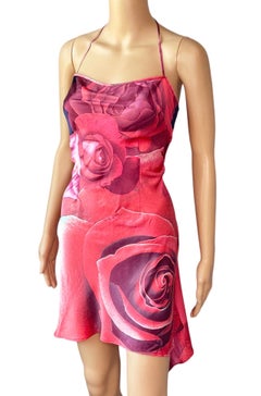 Roberto Cavalli S/S 2000 Rose Floral Print Slip Asymmetric Mini Dress