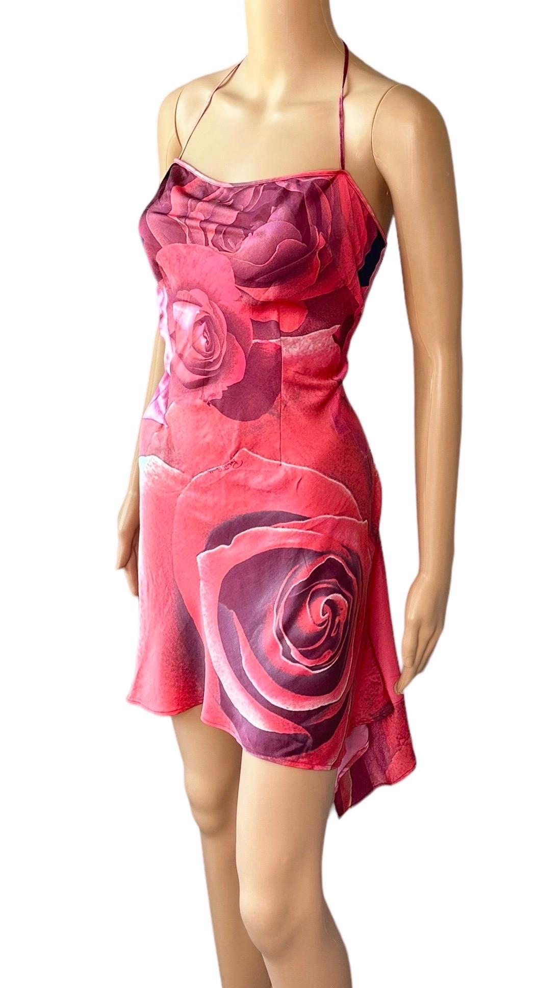 Roberto Cavalli S/S 2000 Rose Floral Print Slip Asymmetric Mini Dress  In Good Condition In Naples, FL