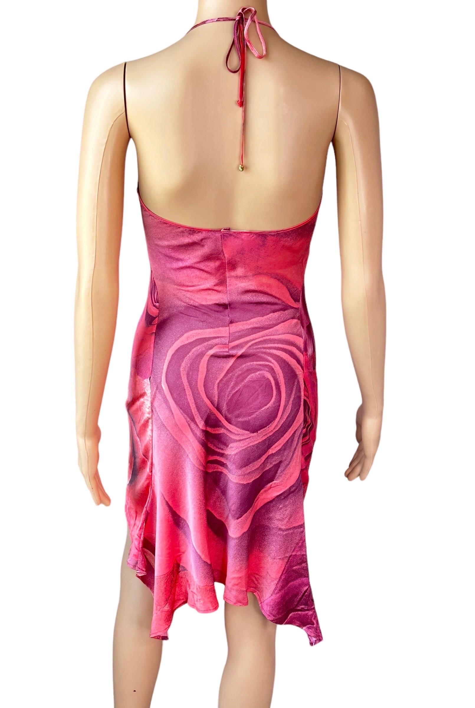 Women's Roberto Cavalli S/S 2000 Rose Floral Print Slip Asymmetric Mini Dress 