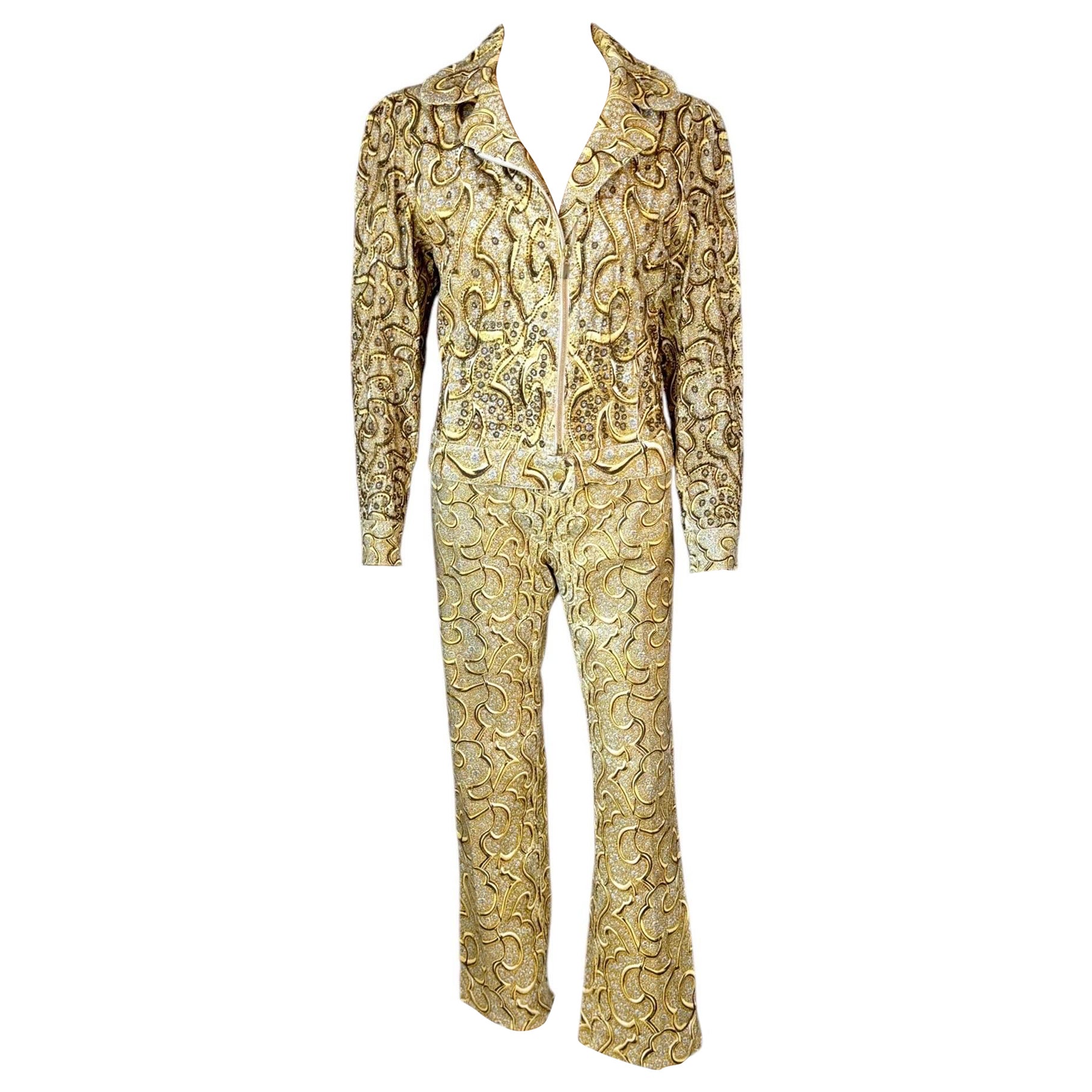 Ensemble 2 pièces veste et pantalon or Roberto Cavalli S/S 2000 Runway embelli