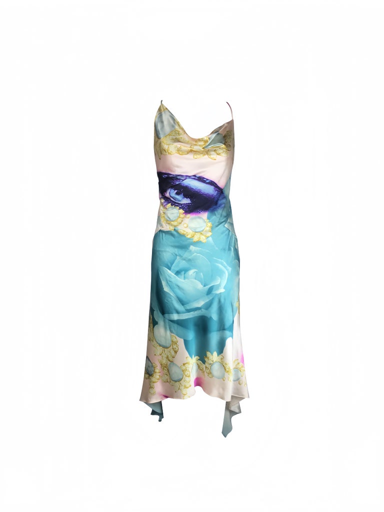 ROBERTO CAVALLI S/s 2001 Blue Silk Elizabeth Taylor Eye Draped Dress For  Sale at 1stDibs
