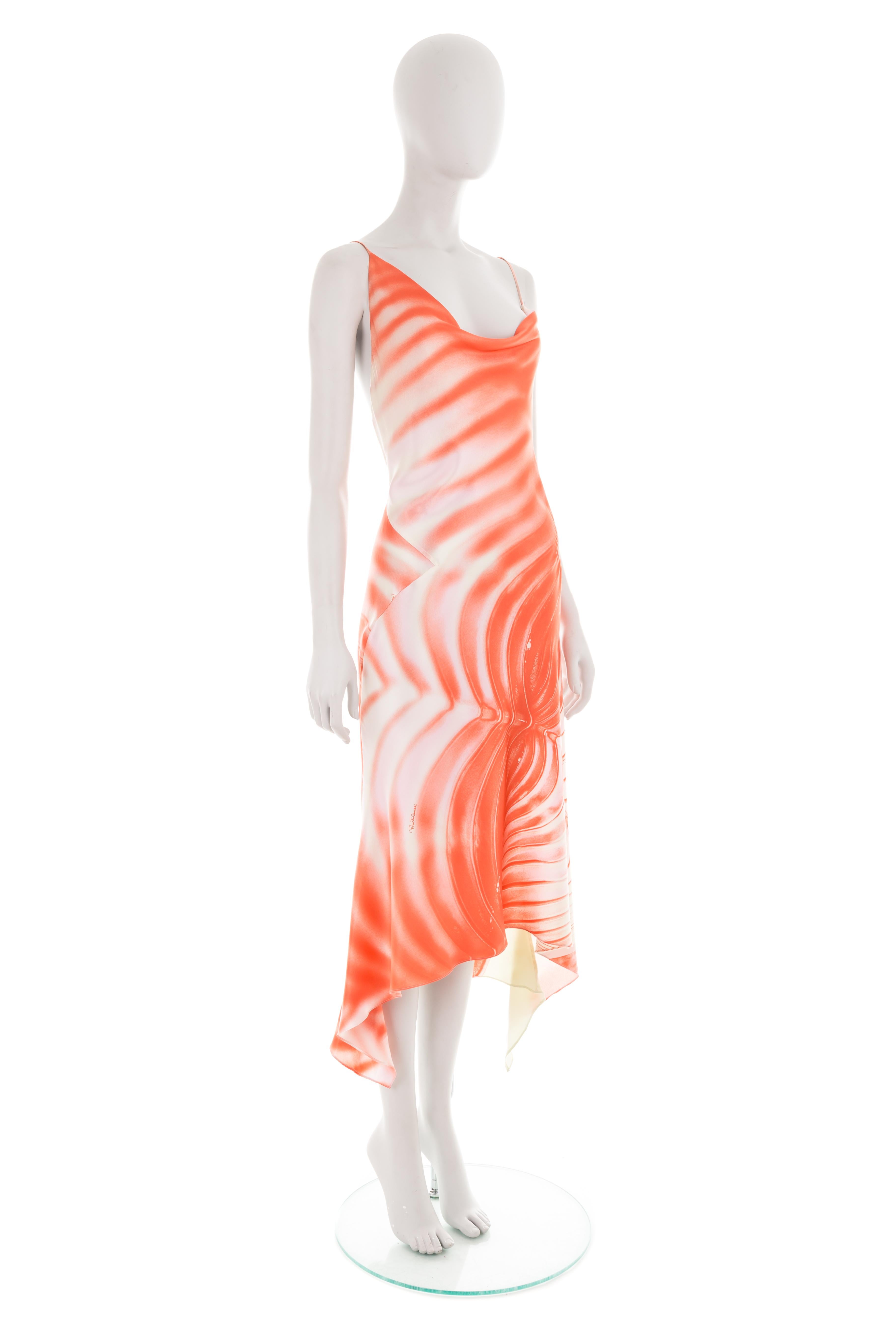 Roberto Cavalli S/S 2001 coral open-back graphic silk dress In Excellent Condition For Sale In Rome, IT