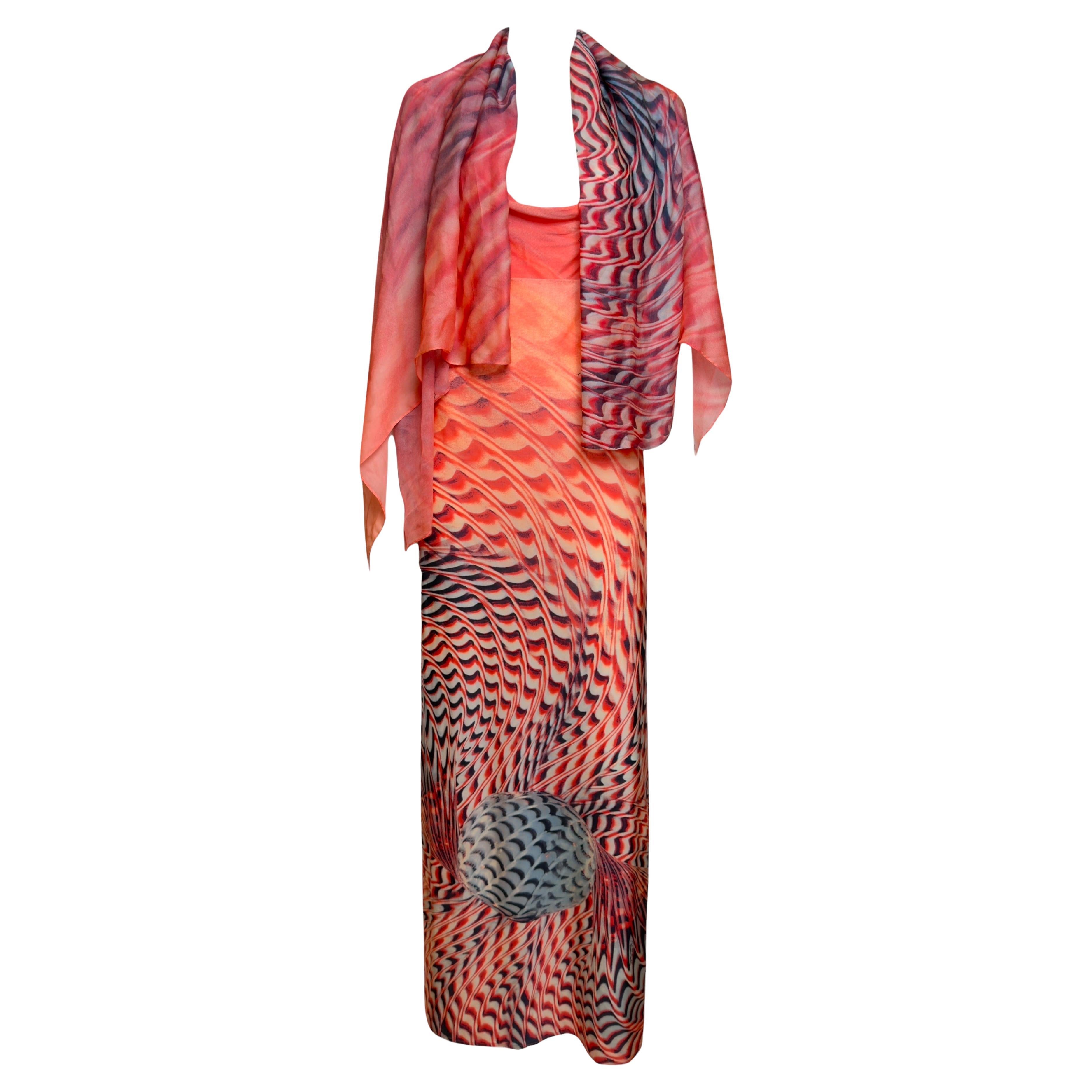 Roberto Cavalli S/S 2001 Psychedelic Print Evening Dress and Silk Shawl en venta