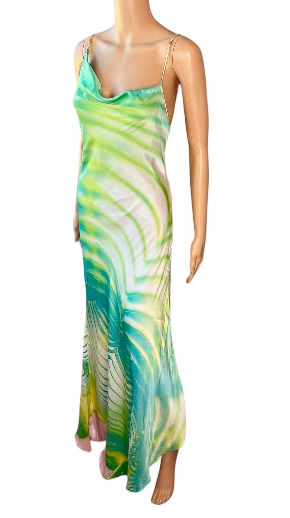 Roberto Cavalli S/S 2001 Psychedelic Print Plunging Neckine Backless Silk Slip Maxi Evening Dress Gown 