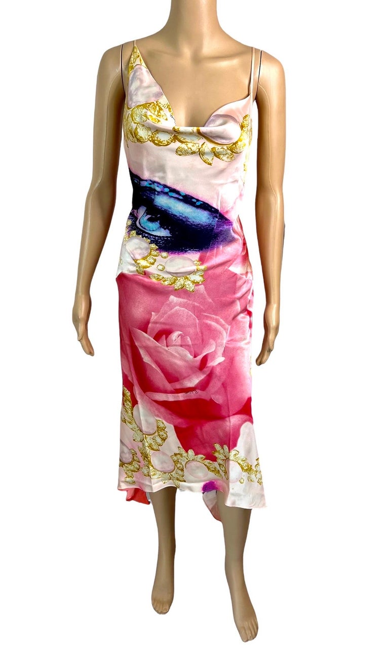 Roberto Cavalli S/S 2001 Runway Face Eye Print Bias Cut Silk Slip Evening Dress Size S
