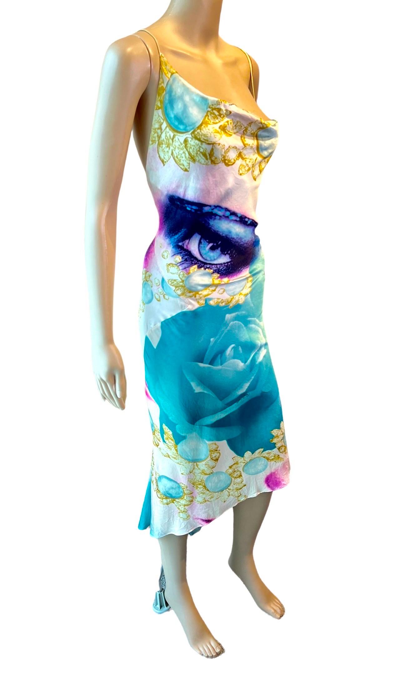 Roberto Cavalli S/S 2001 Runway Face Eye Print Bias Cut Silk Slip Evening Dress Size M
