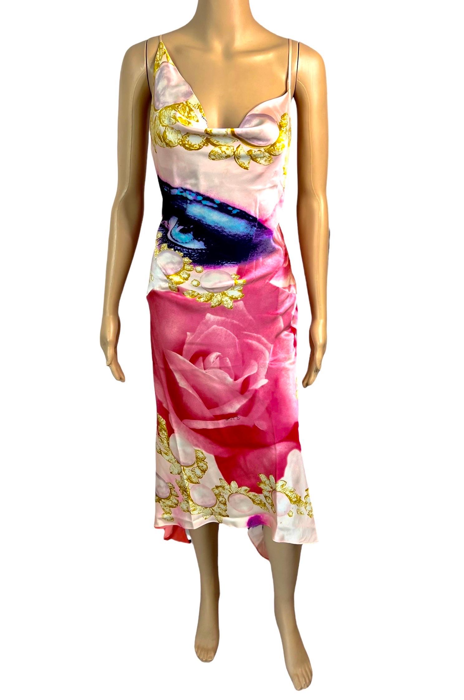 Beige Roberto Cavalli S/S 2001 Runway Face Eye Print Bias Cut Silk Slip Evening Dress  For Sale