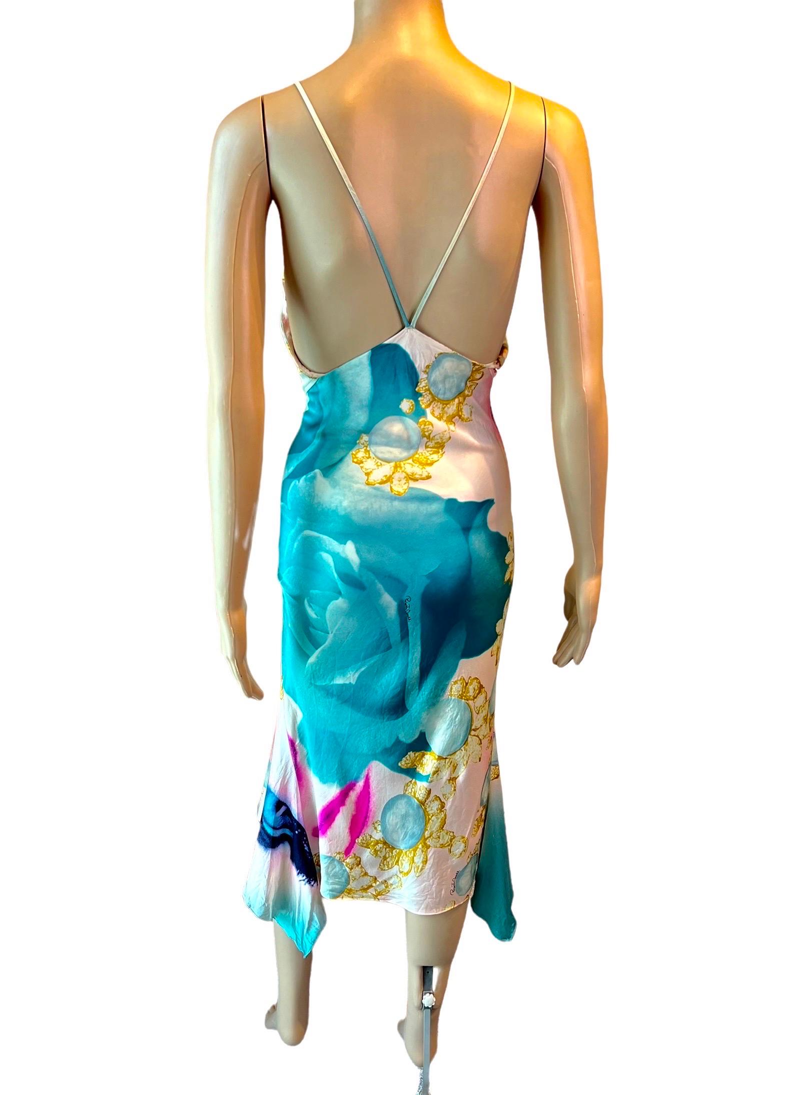 Roberto Cavalli - Robe de soirée en soie à imprimé œillets et coupe en biais, issue d'un défilé printemps-été 2001 Bon état - En vente à Naples, FL