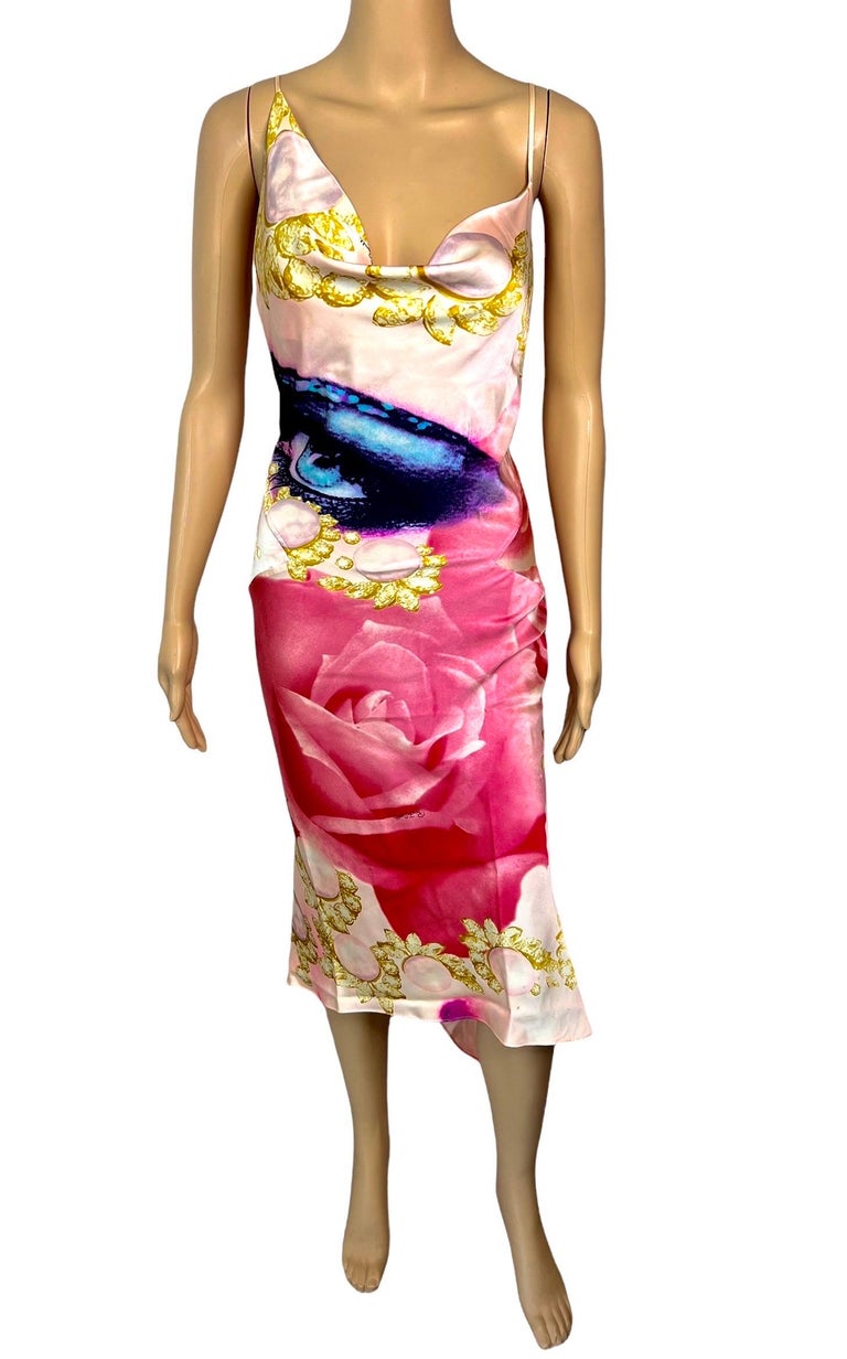 Spectacular Spring 2007 Roberto Cavalli Ivory & Coral Print Bias Cut Silk Dress w Twisted Halter Front & Low Back