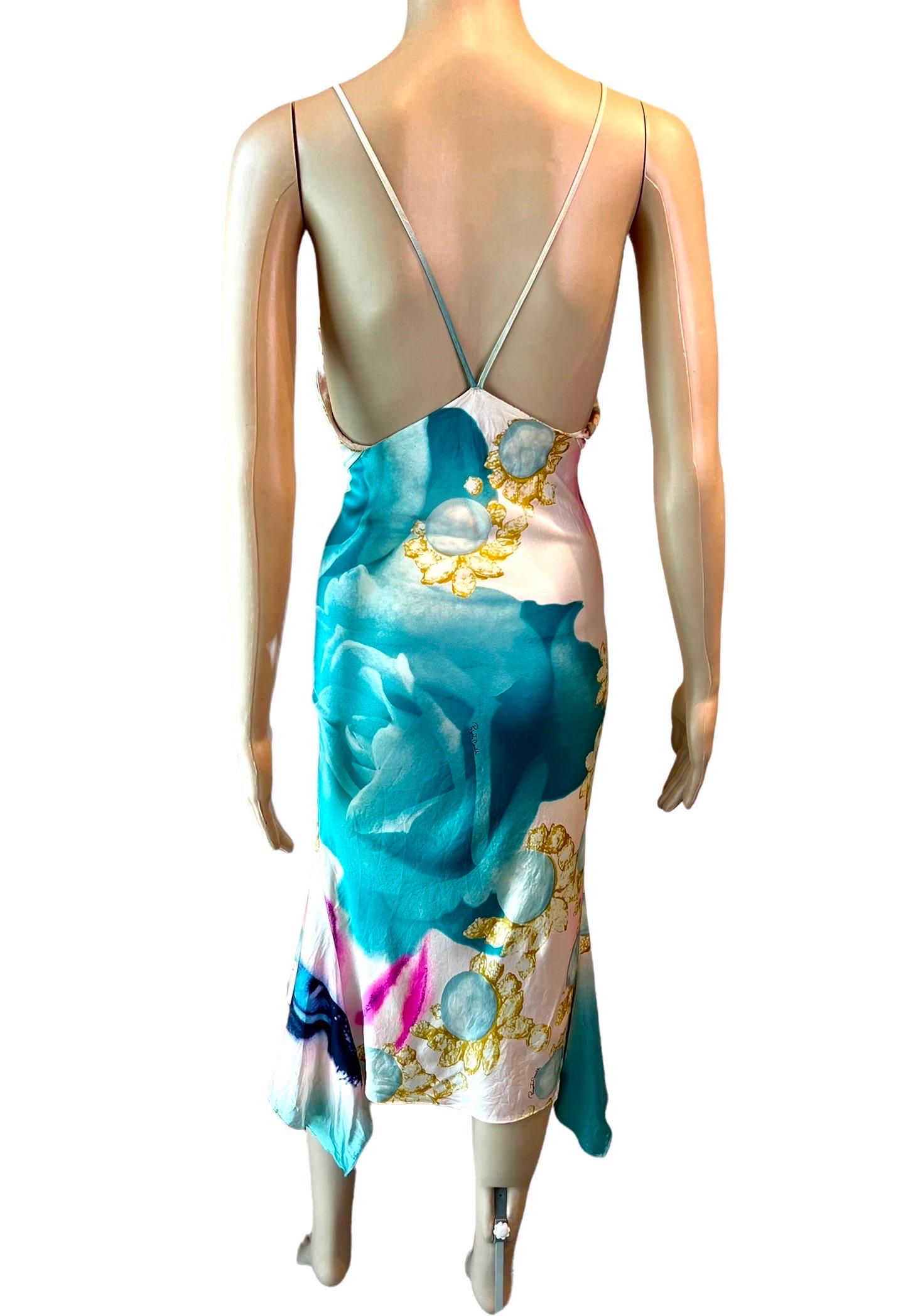 Roberto Cavalli - Robe de soirée en soie à imprimé œillets et coupe en biais, issue d'un défilé printemps-été 2001 en vente 2