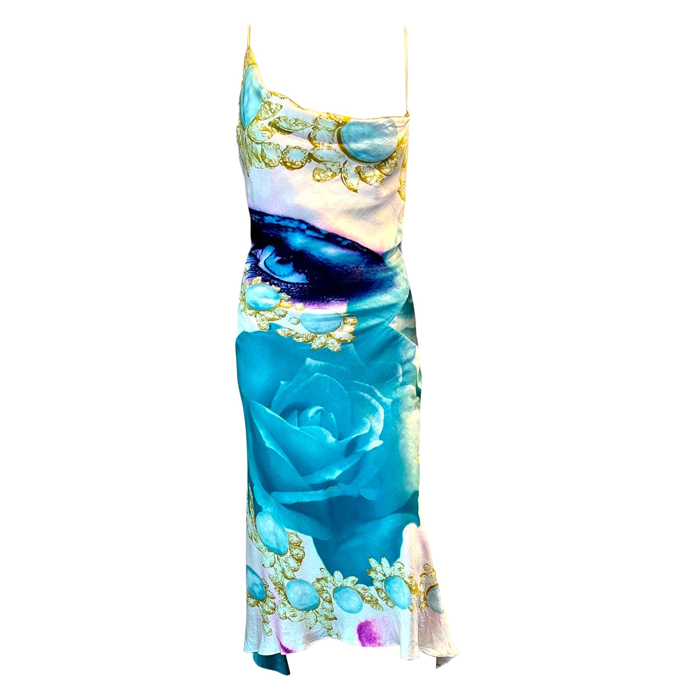 Roberto Cavalli - Robe de soirée en soie à imprimé œillets et coupe en biais, issue d'un défilé printemps-été 2001