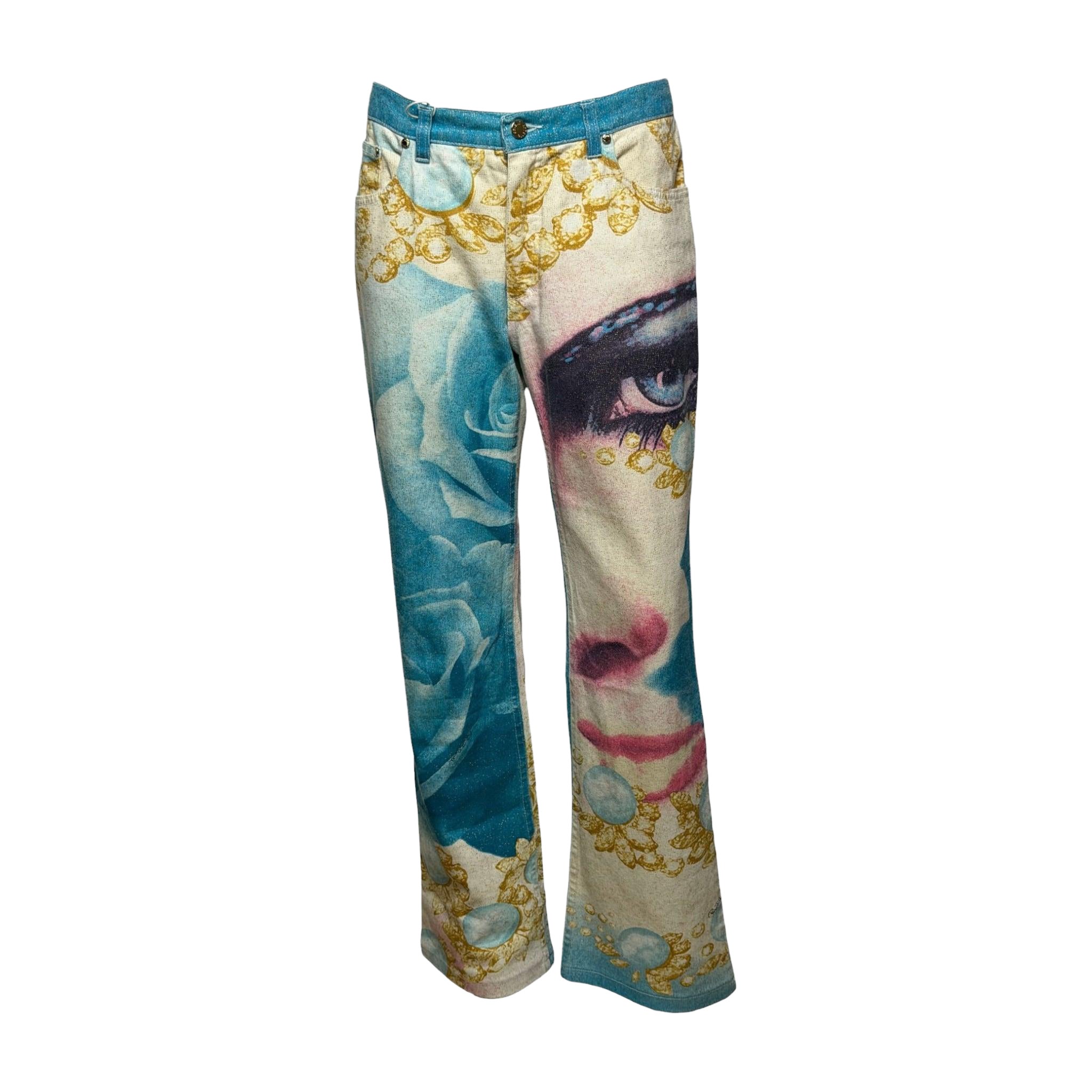 Roberto Cavalli S/S 2001 Turquoise & Cream Liz Eye Straight-Leg Denim Jeans