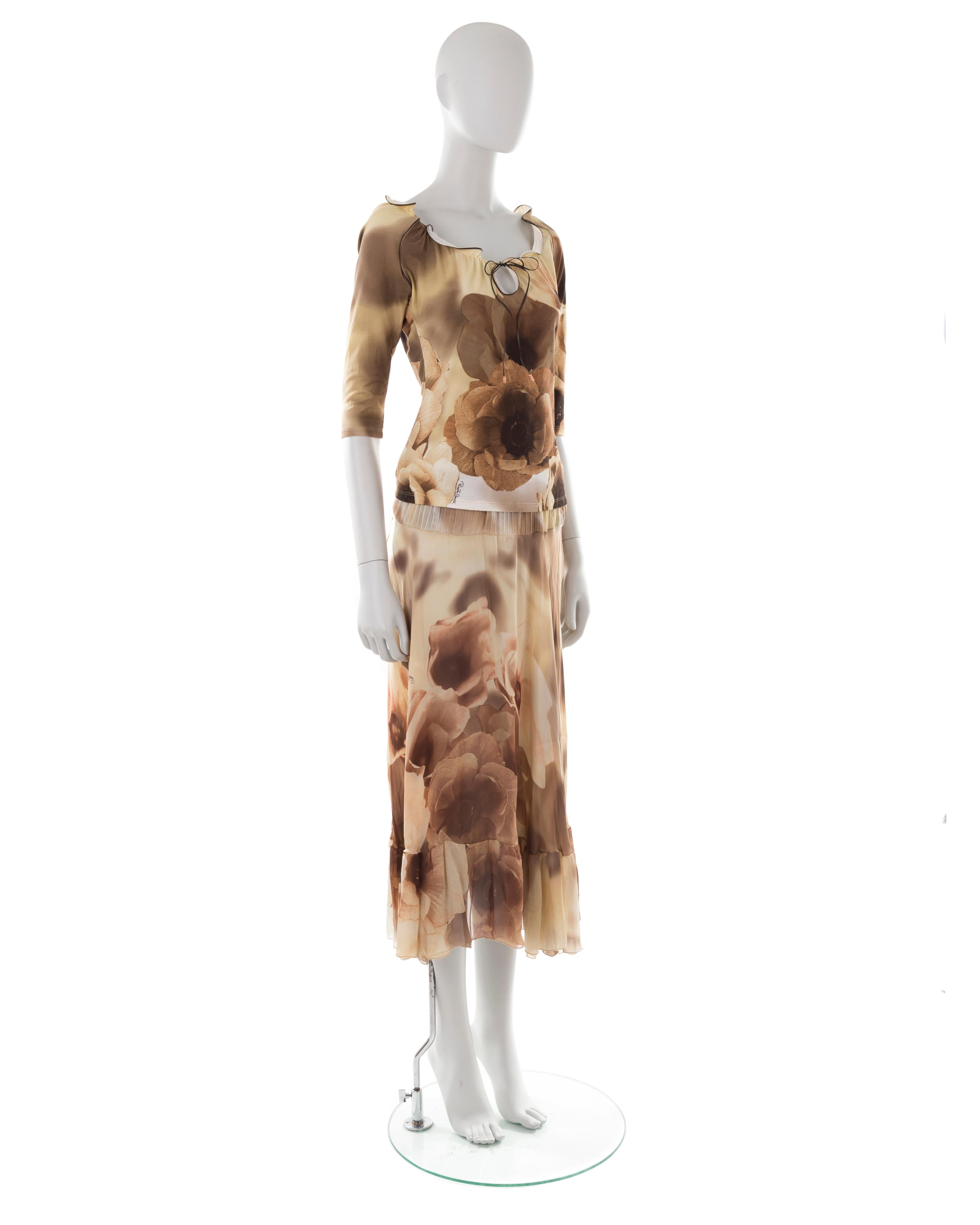 Brown Roberto Cavalli S/S 2002 cream and brown tulip print top and skirt set For Sale