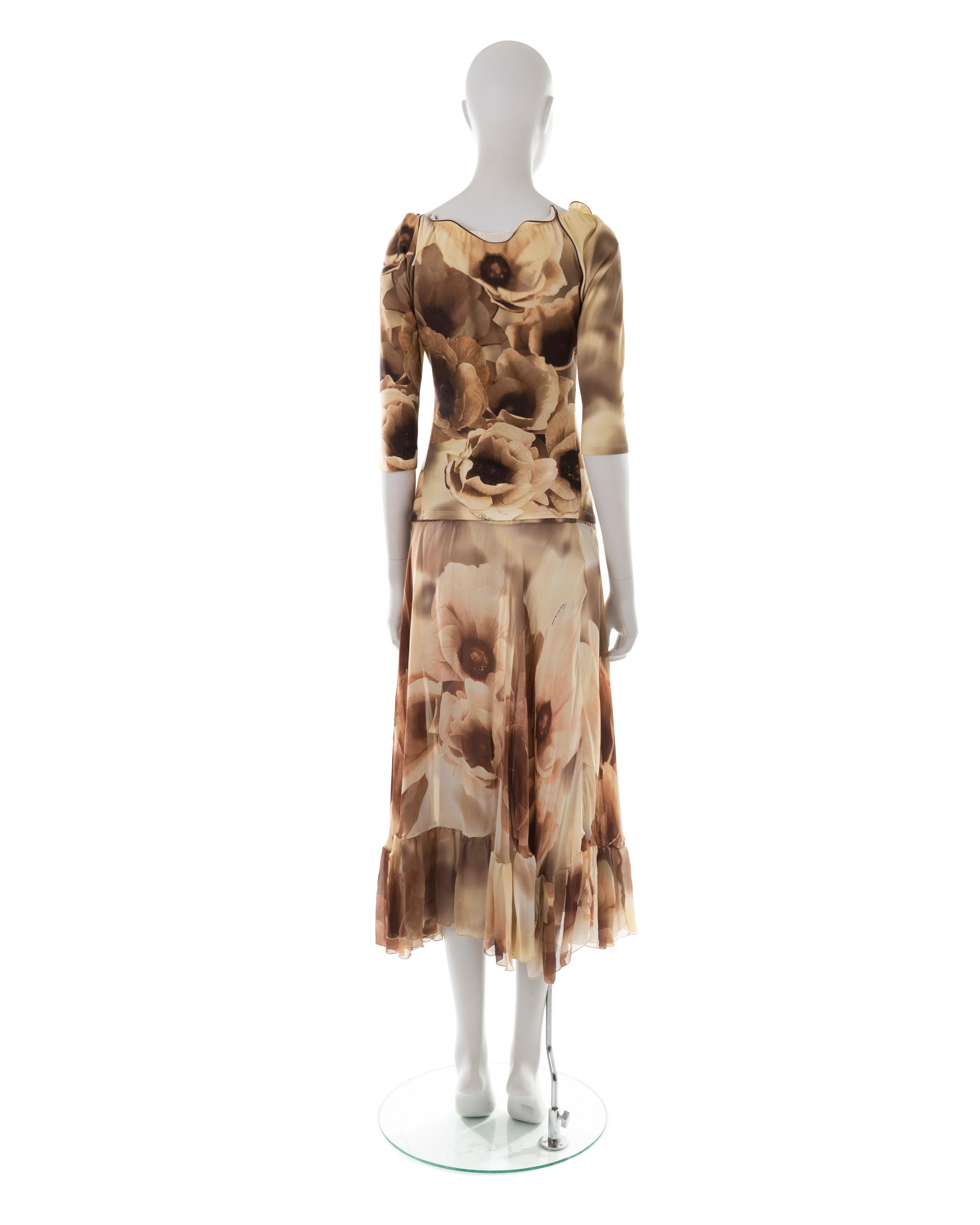 Women's or Men's Roberto Cavalli S/S 2002 cream and brown tulip print top and skirt set For Sale
