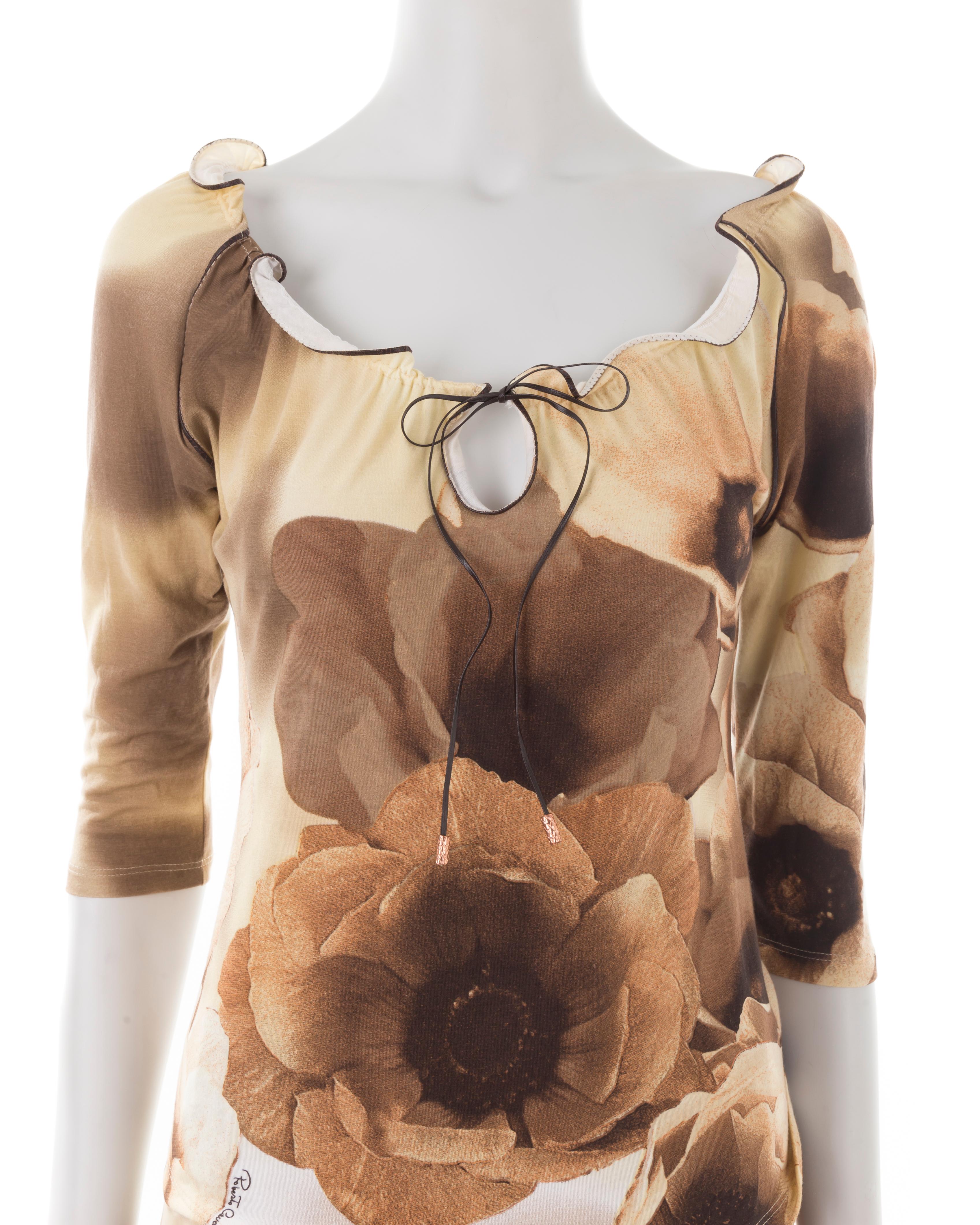 Roberto Cavalli S/S 2002 cream and brown tulip print top and skirt set For Sale 2