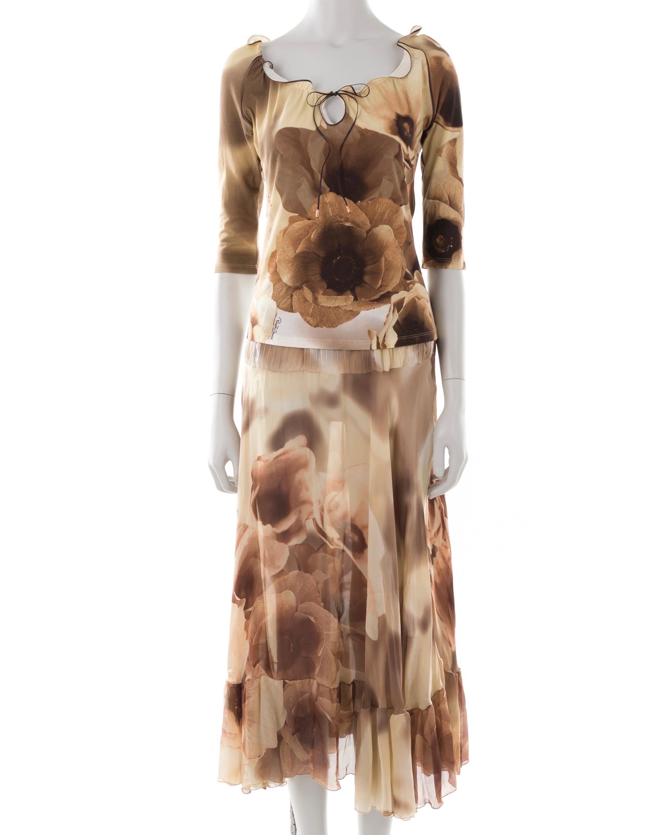 Roberto Cavalli S/S 2002 cream and brown tulip print top and skirt set For Sale