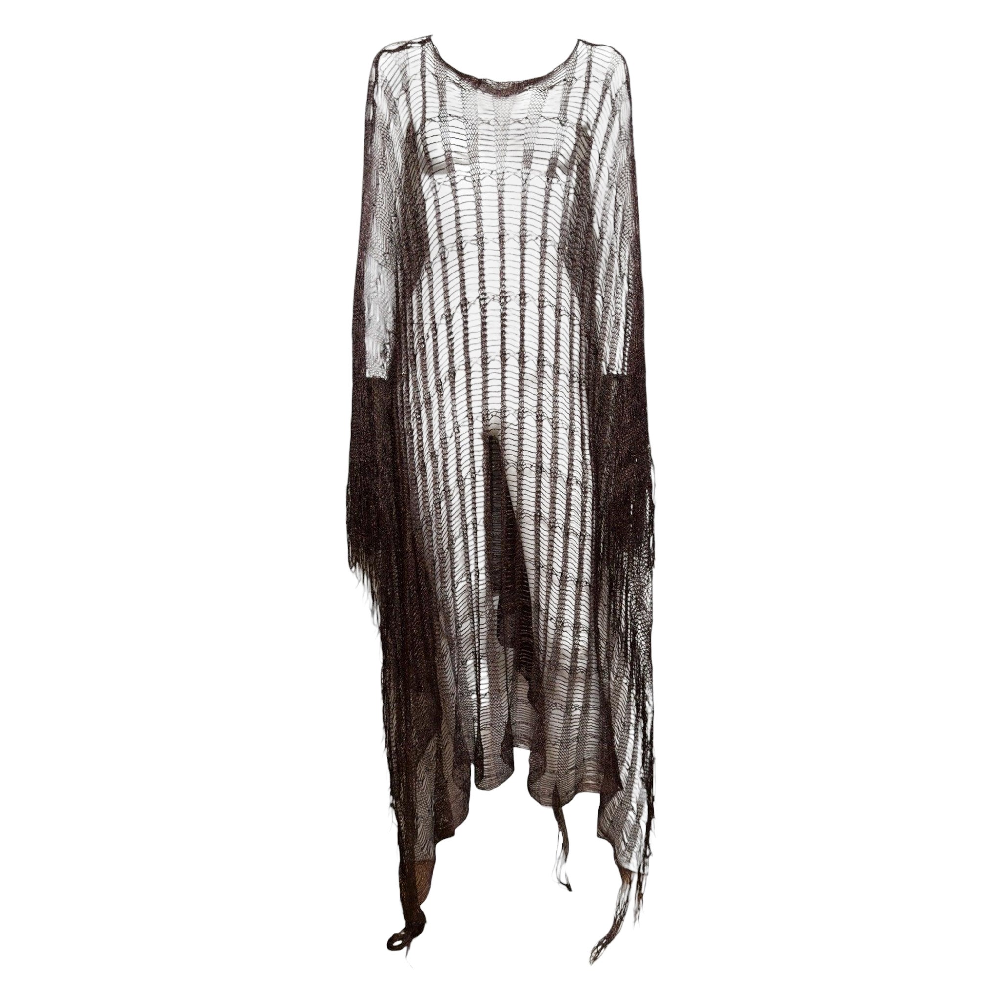 Pre-owned Roberto Cavalli S/s 2002 Dark Brown Metallic Open-weave Fringed Floor-length Poncho