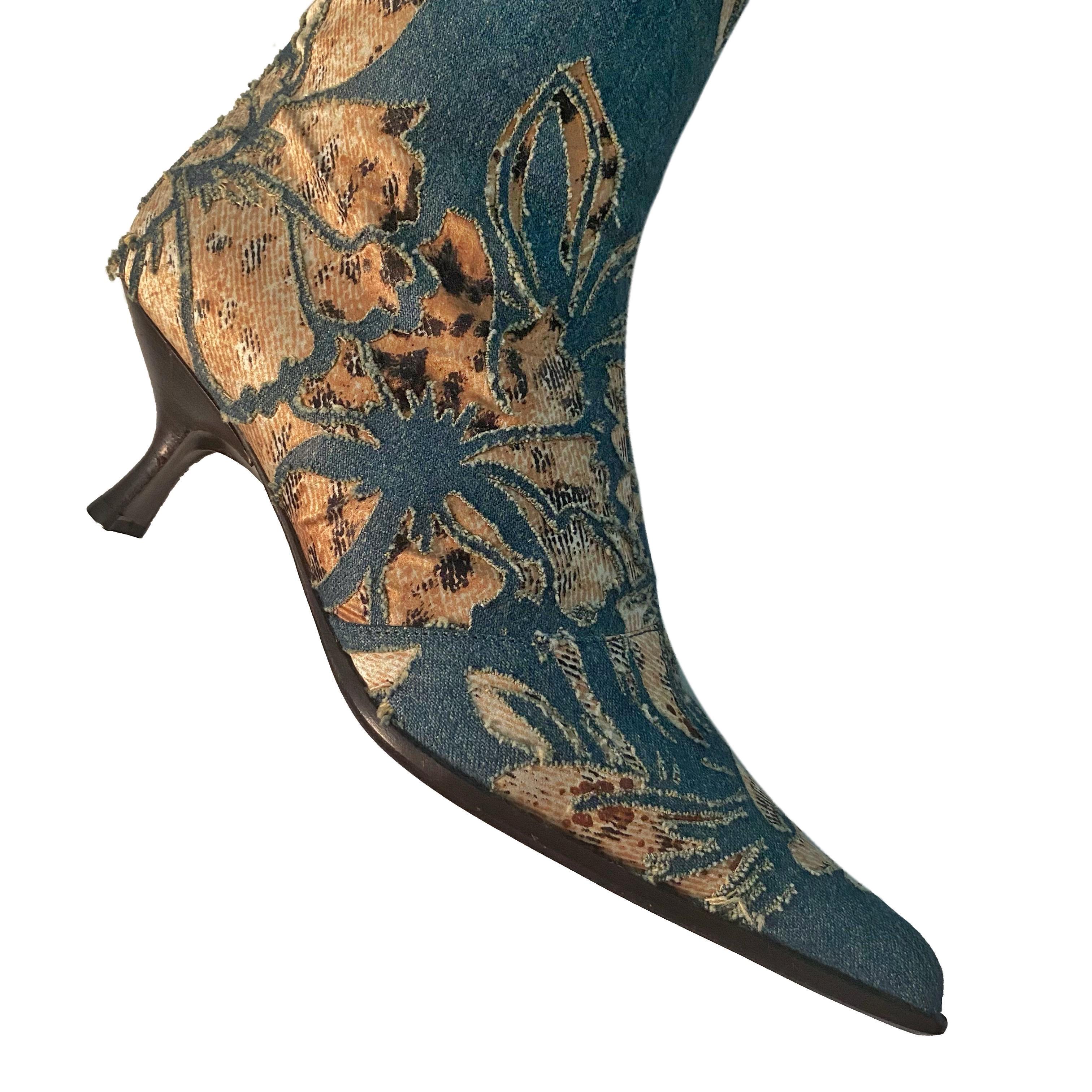 Black Roberto Cavalli S/S 2002 Floral Laser-Cut Denim Leopard Boots