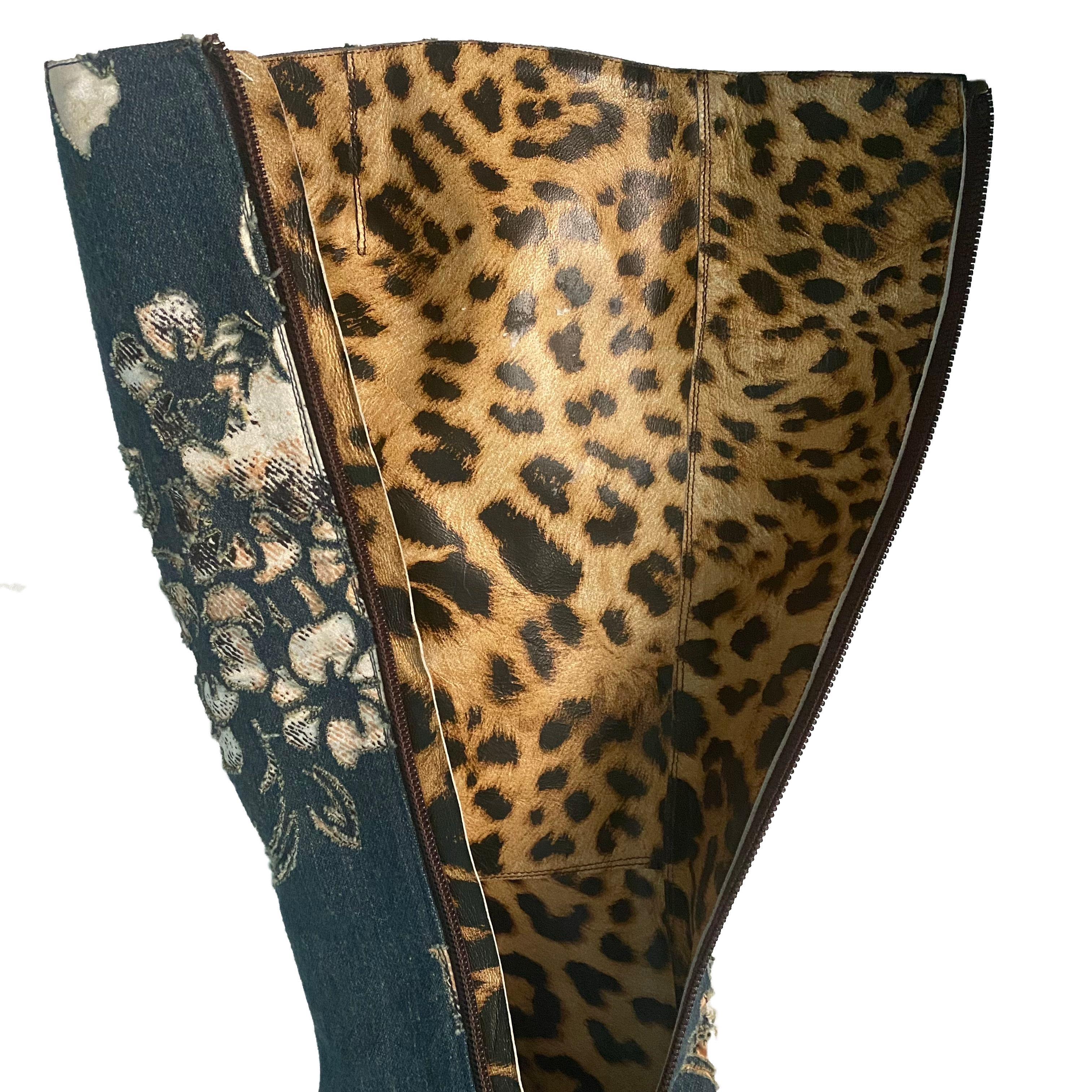 Women's Roberto Cavalli S/S 2002 Floral Laser-Cut Denim Leopard Boots