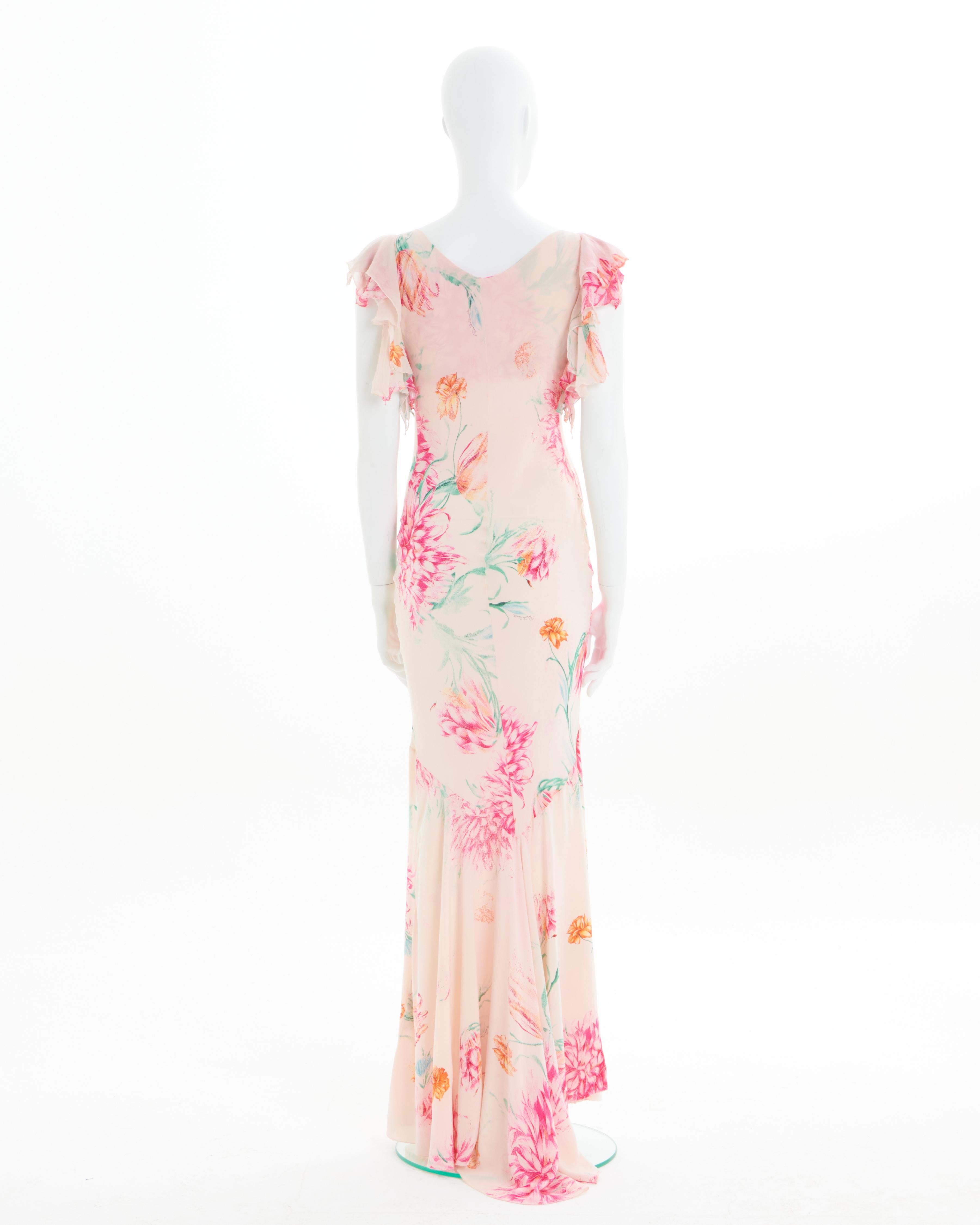 Roberto Cavalli S/S 2002 Pink floral print bias-cut silk cocktail dress In Excellent Condition For Sale In Milano, IT