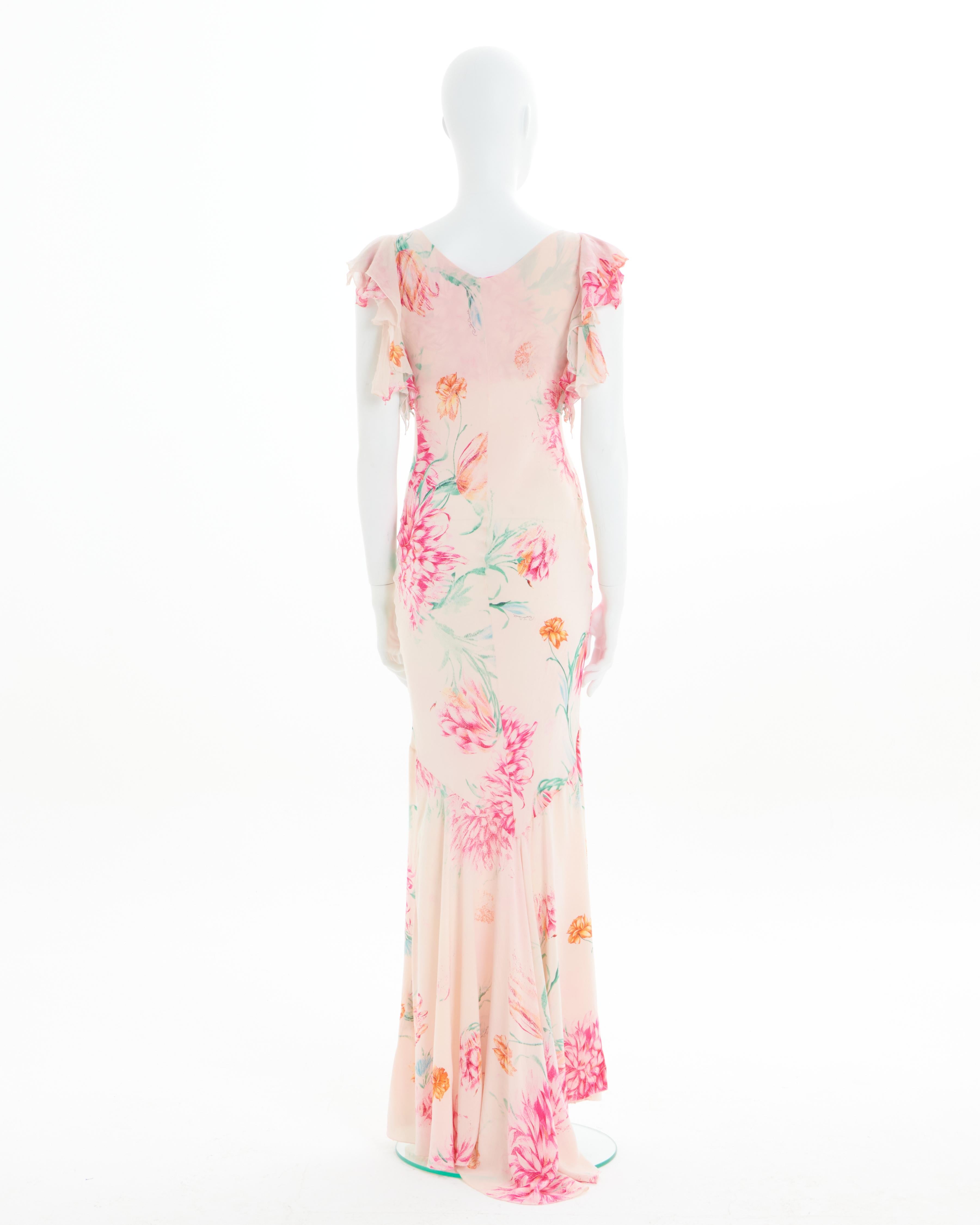 White Roberto Cavalli S/S 2002 Pink floral print bias-cut silk cocktail dress