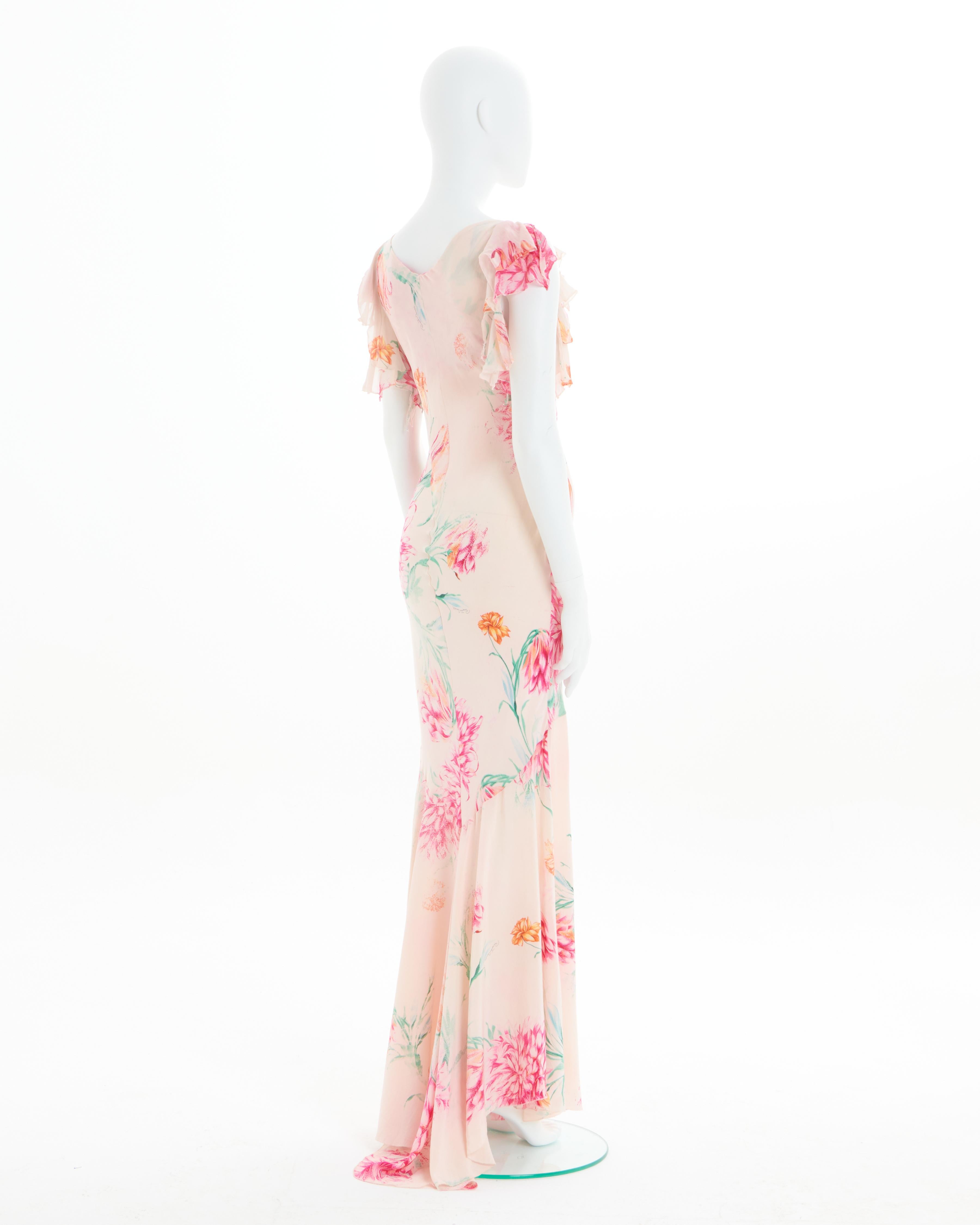 Women's Roberto Cavalli S/S 2002 Pink floral print bias-cut silk cocktail dress For Sale