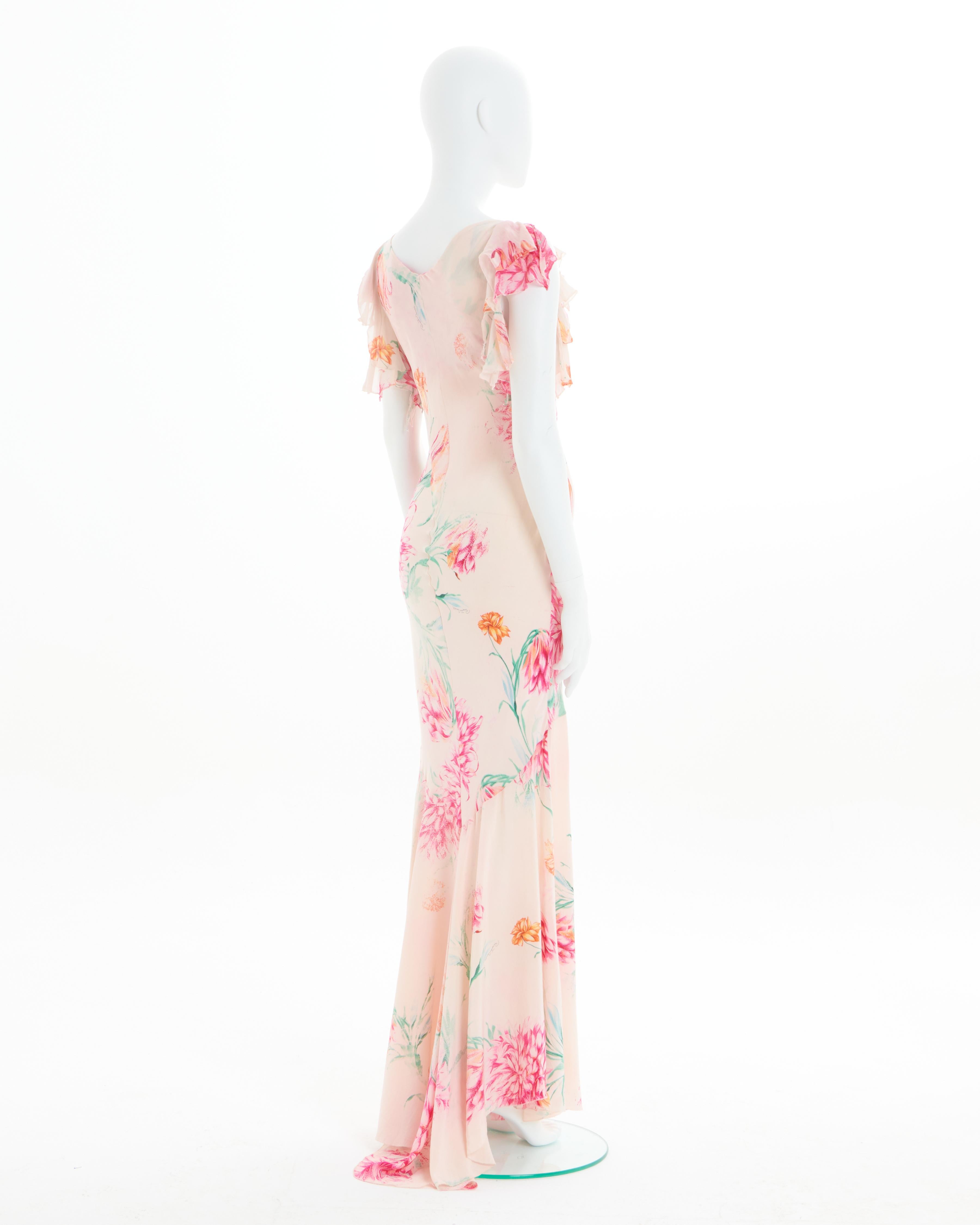 Roberto Cavalli S/S 2002 Pink floral print bias-cut silk cocktail dress In Excellent Condition In Milano, IT