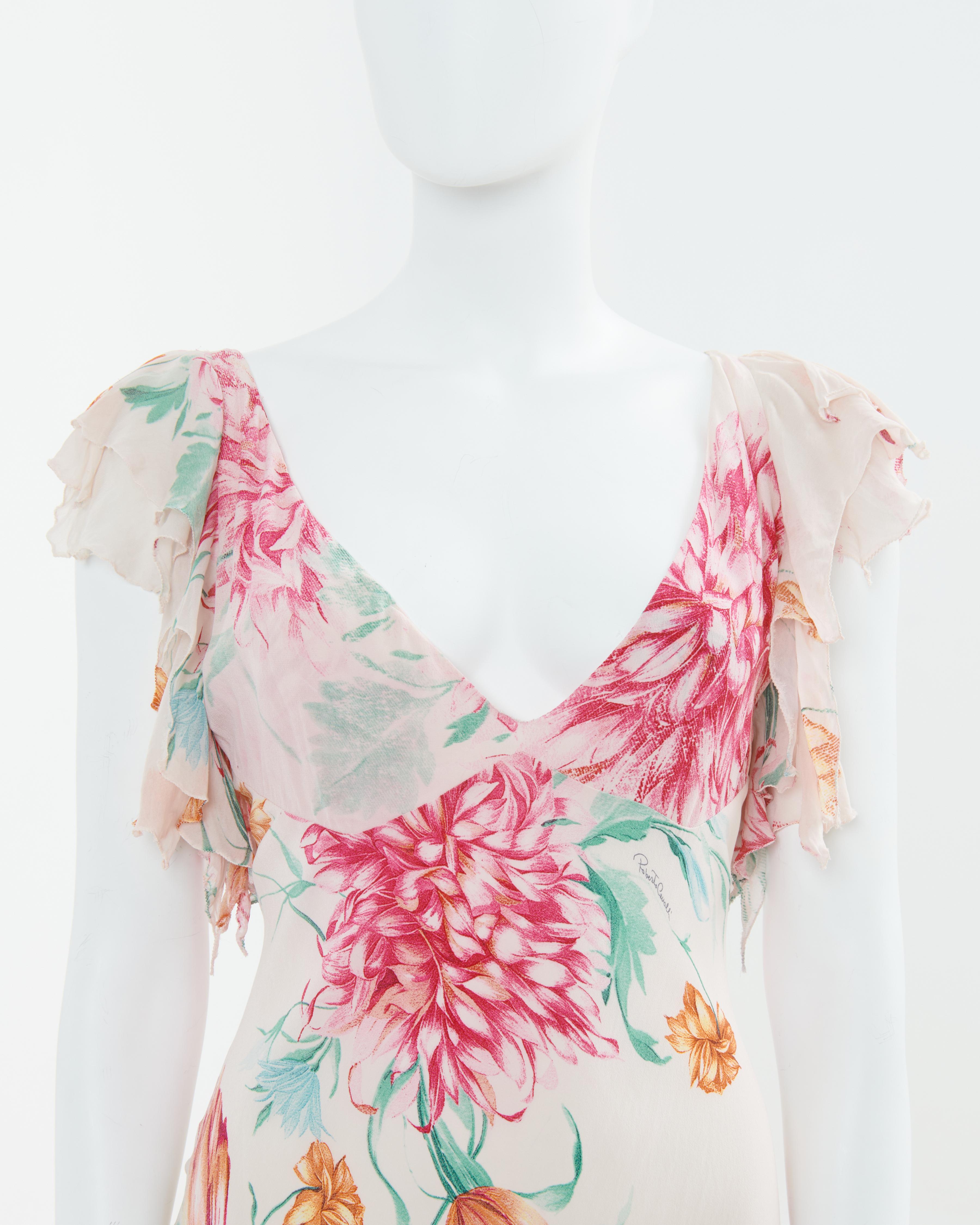 Women's Roberto Cavalli S/S 2002 Pink floral print bias-cut silk cocktail dress