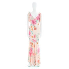 Roberto Cavalli S/S 2002 Robe de cocktail en soie coupée en biais à imprimé floral rose