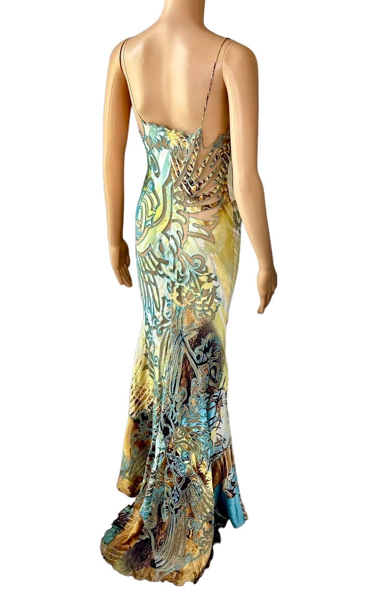 chinese dress ladies 2002 Roberto Cavalli Black Leather Appliqu Sheer Mesh Low-Cut Gown