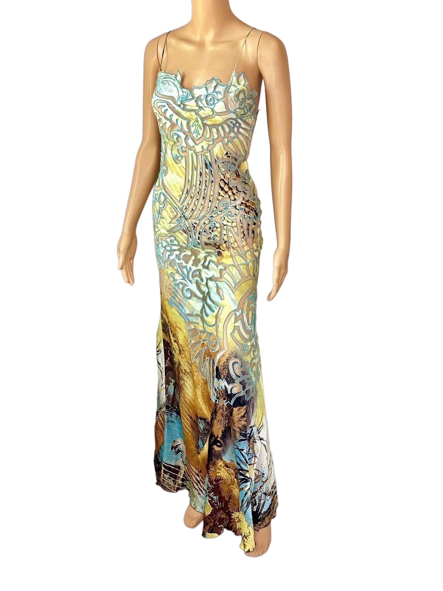 Roberto Cavalli S/S 2002 Runway Lion Print Sheer Mesh Silk Evening Dress Gown For Sale 7
