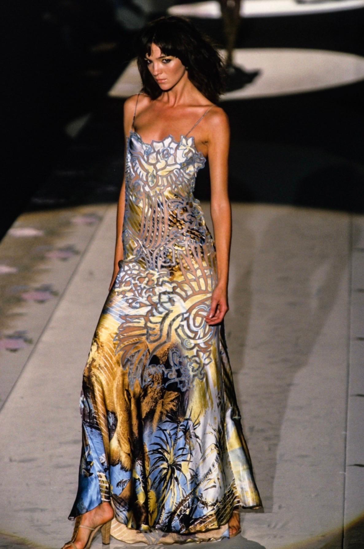 Roberto Cavalli S/S 2002 Runway Lion Print Sheer Mesh Silk Evening Dress Gown For Sale 12