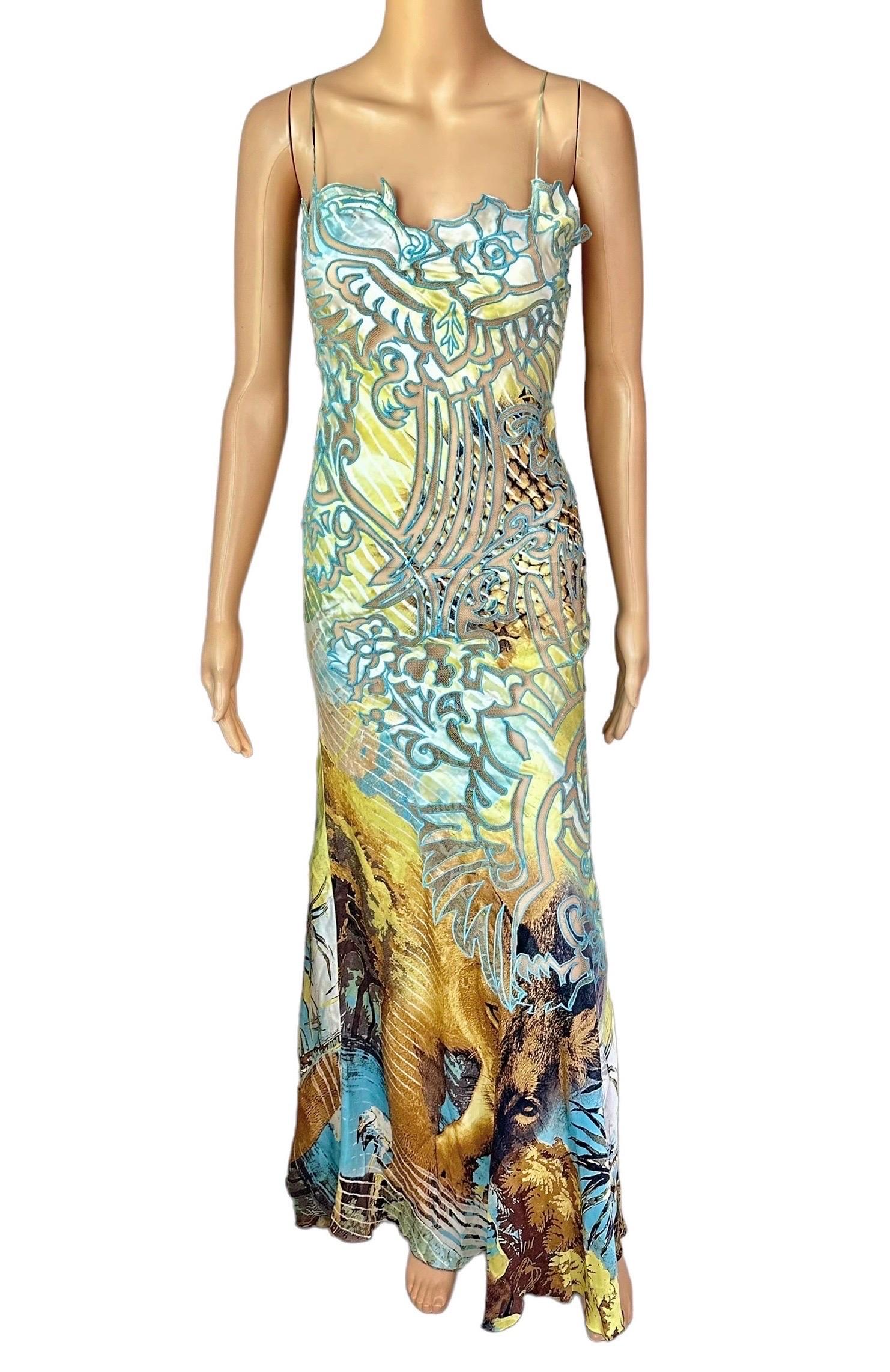 Roberto Cavalli S/S 2002 Runway Lion Print Sheer Mesh Cutouts Silk Evening Dress Gown Size S

This is the actual sample dress worn by Mariacarla Boscono on the Roberto Cavalli Spring 2002 Runway for Look 49.

Condition: There are small holes