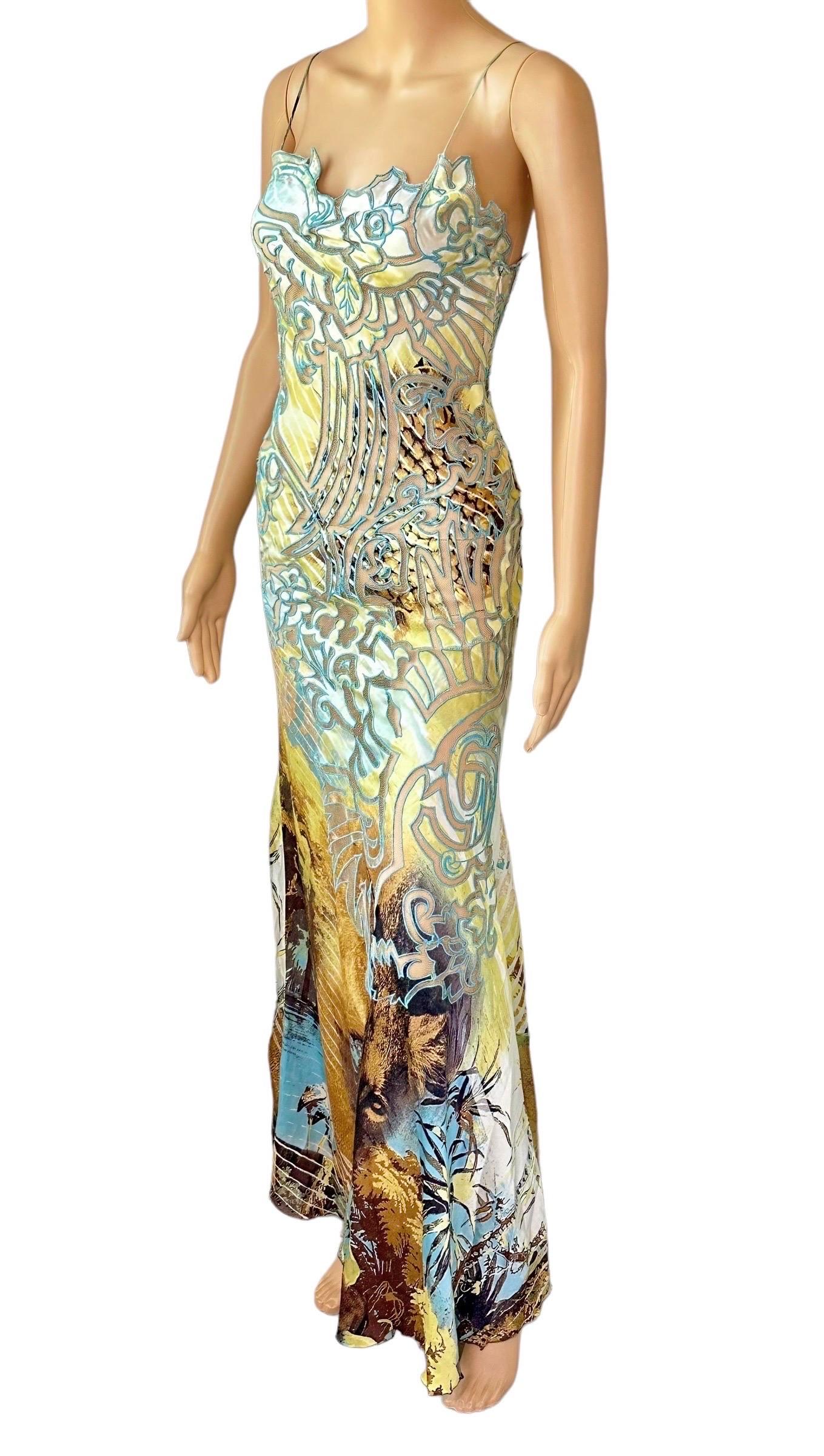 Roberto Cavalli S/S 2002 Runway Lion Print Sheer Mesh Silk Evening Dress Gown In Good Condition For Sale In Naples, FL