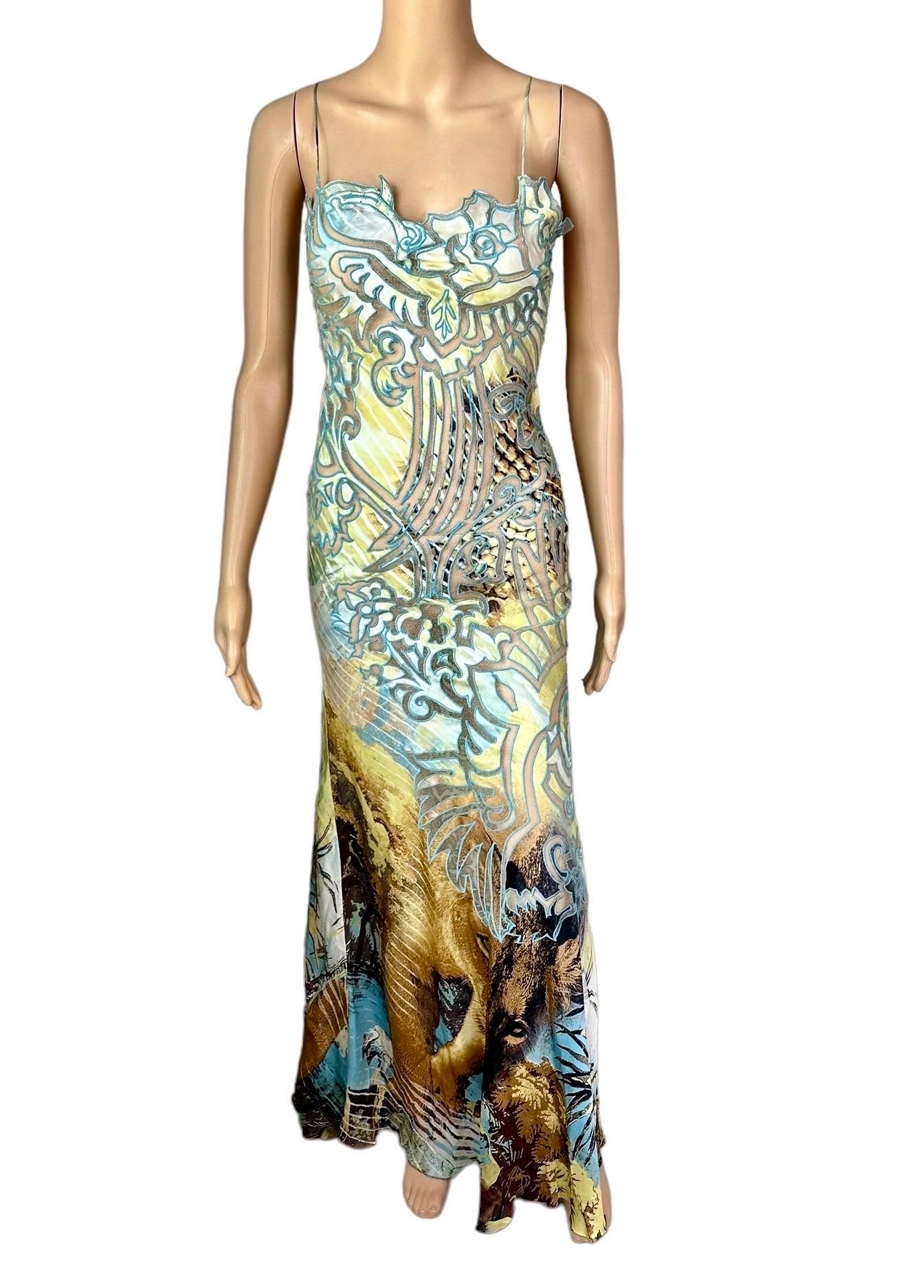 Women's Roberto Cavalli S/S 2002 Runway Lion Print Sheer Mesh Silk Evening Dress Gown For Sale