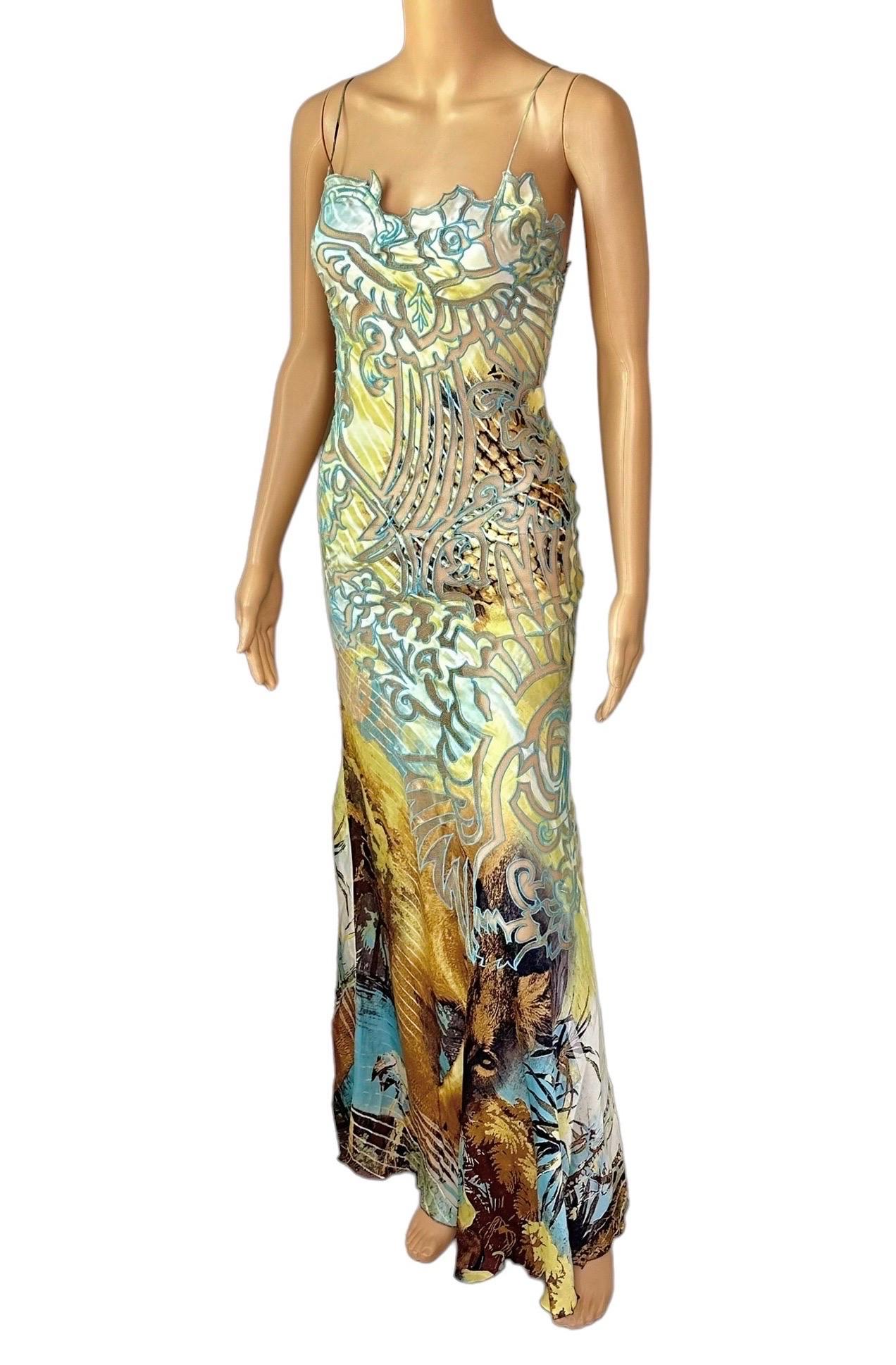 Roberto Cavalli S/S 2002 Runway Lion Print Sheer Mesh Silk Evening Dress Gown For Sale 2