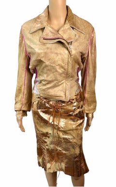 Roberto Cavalli S/S 2002 Runway Metallic Leather Jacket Coat & Skirt 2 Piece Set