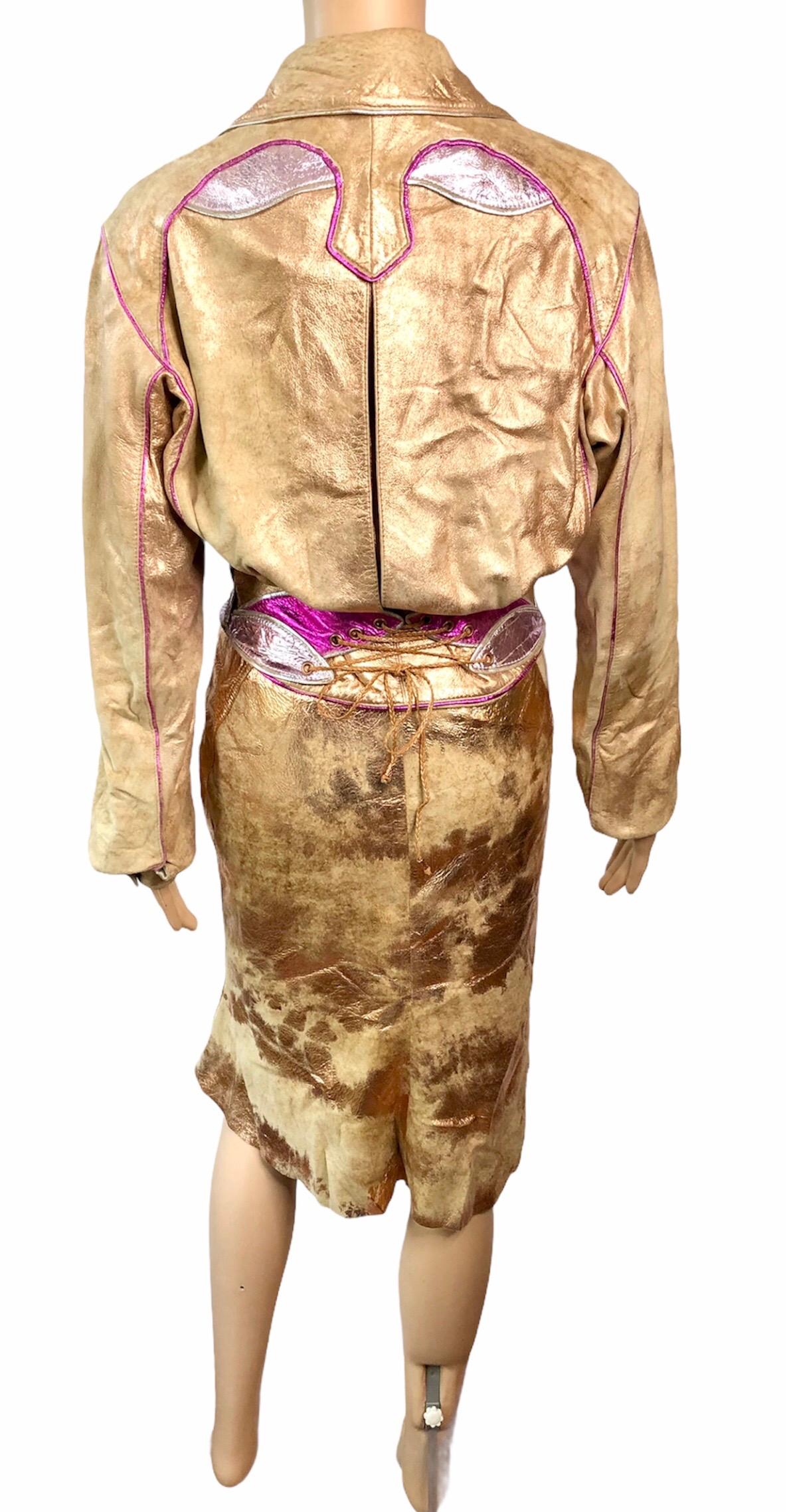 Marron Roberto Cavalli - Ensemble 2 pièces veste, manteau et jupe en cuir métallisé, issue d'un défilé printemps-été 2002 en vente