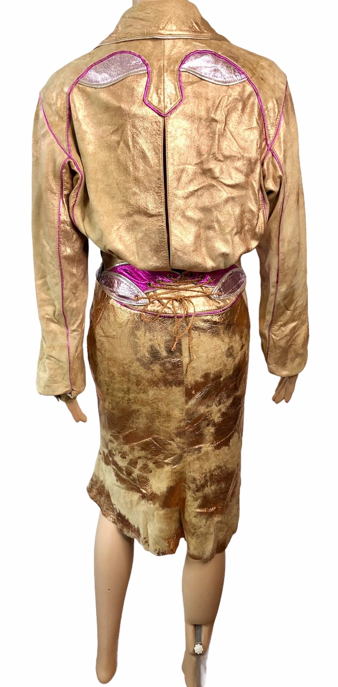 Roberto Cavalli - Ensemble 2 pièces veste, manteau et jupe en cuir métallisé, issue d'un défilé printemps-été 2002 en vente 1