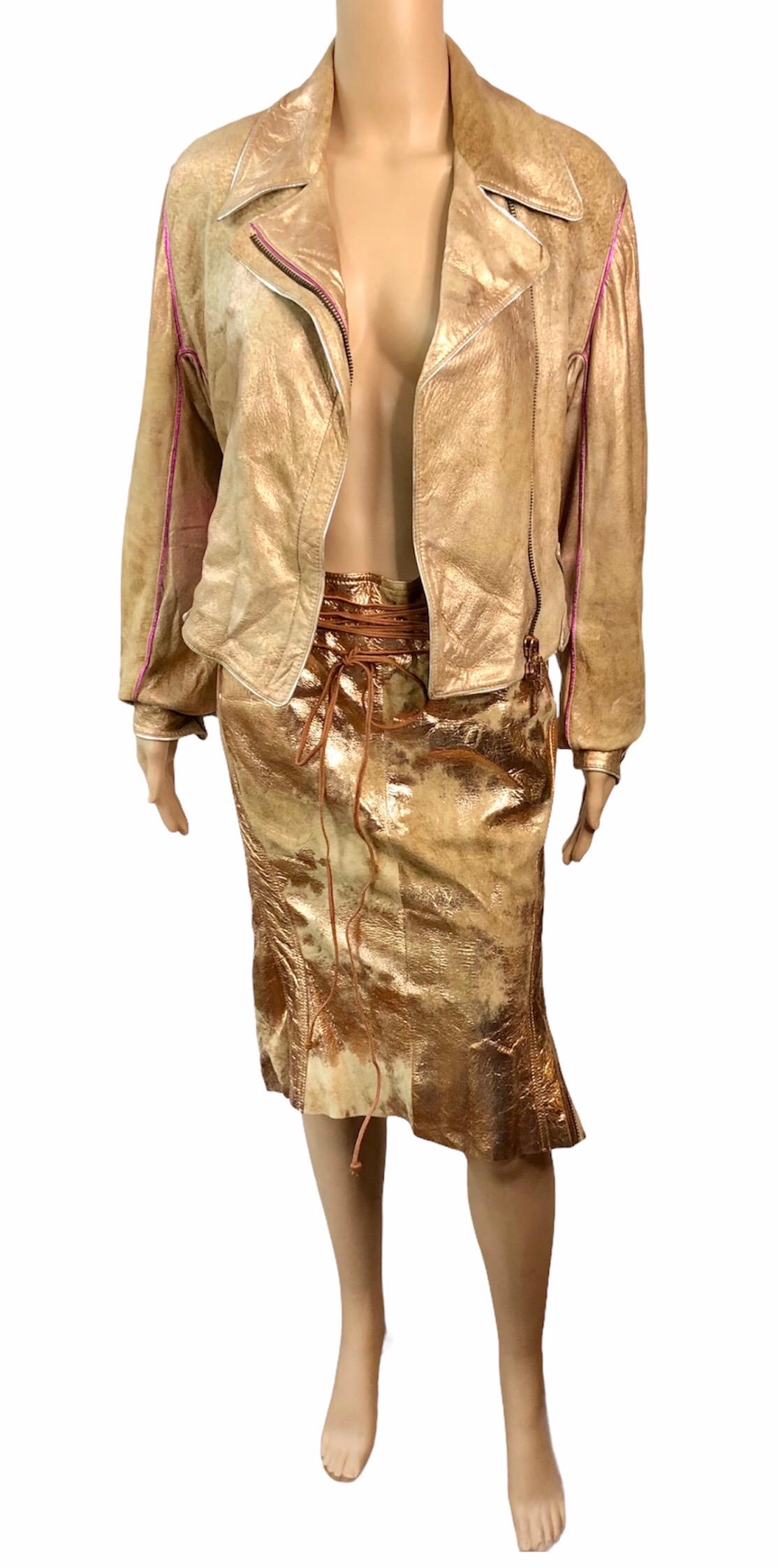 Roberto Cavalli - Ensemble 2 pièces veste, manteau et jupe en cuir métallisé, issue d'un défilé printemps-été 2002 en vente 2