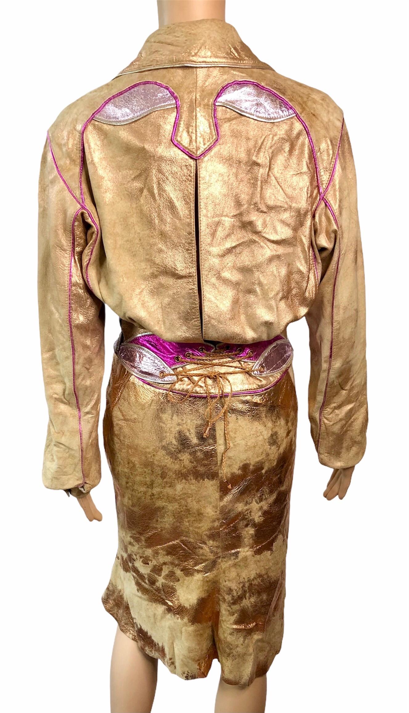 Women's Roberto Cavalli S/S 2002 Runway Metallic Leather Jacket Coat & Skirt 2 Piece Set For Sale